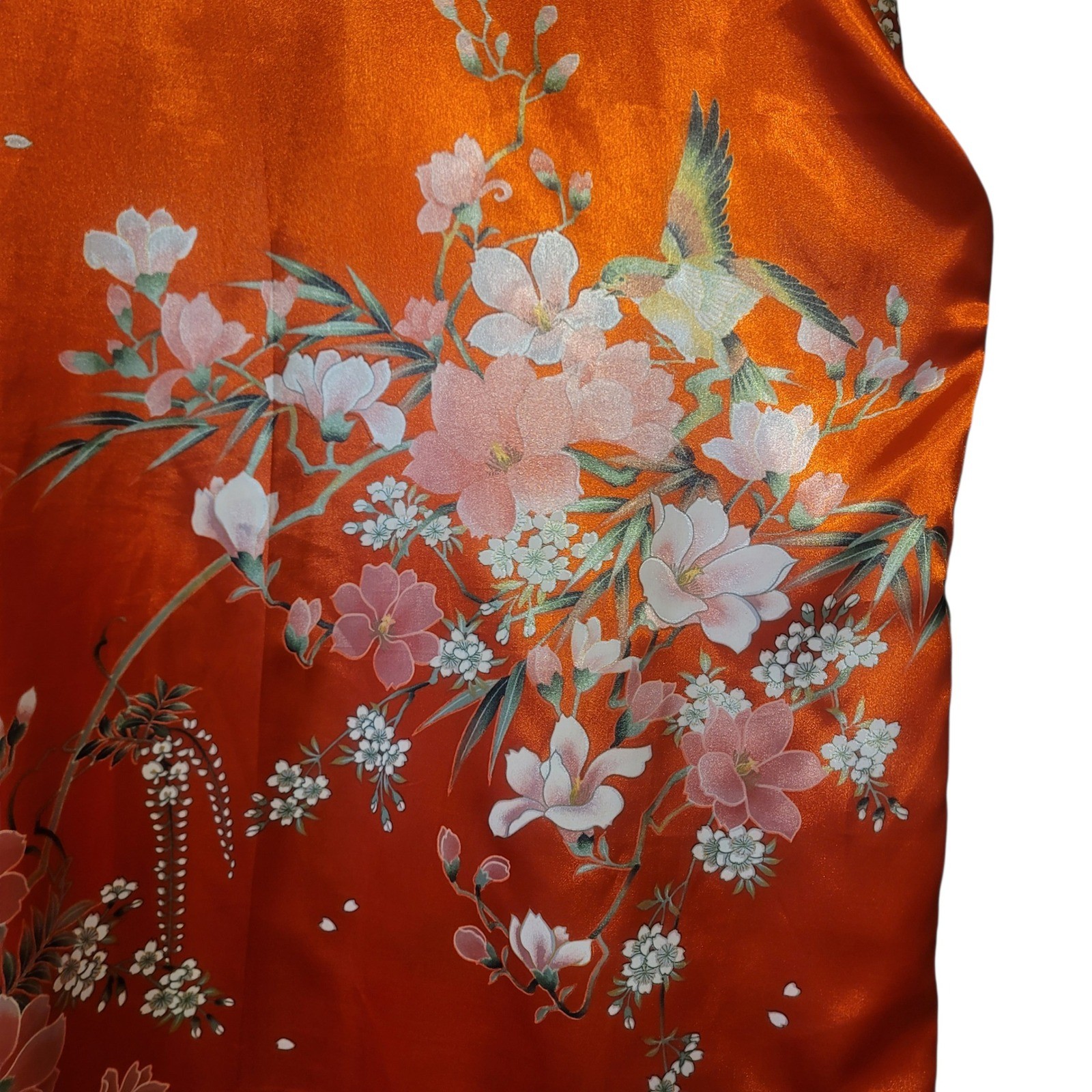 Vintage Made in Japan Orange Satin Floral Bird Kimono Robe Long One Size
