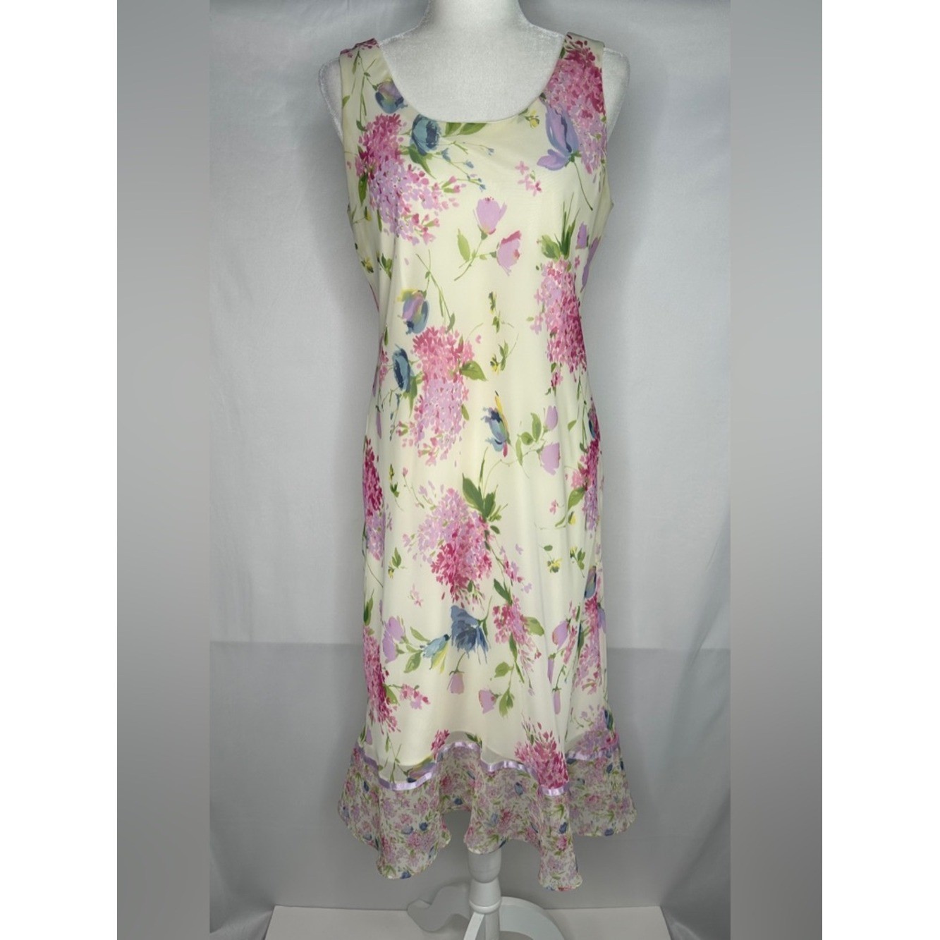 Vintage K Studio Cream Floral Pink Sleeveless Midi Dress Cottagecore Sz 12