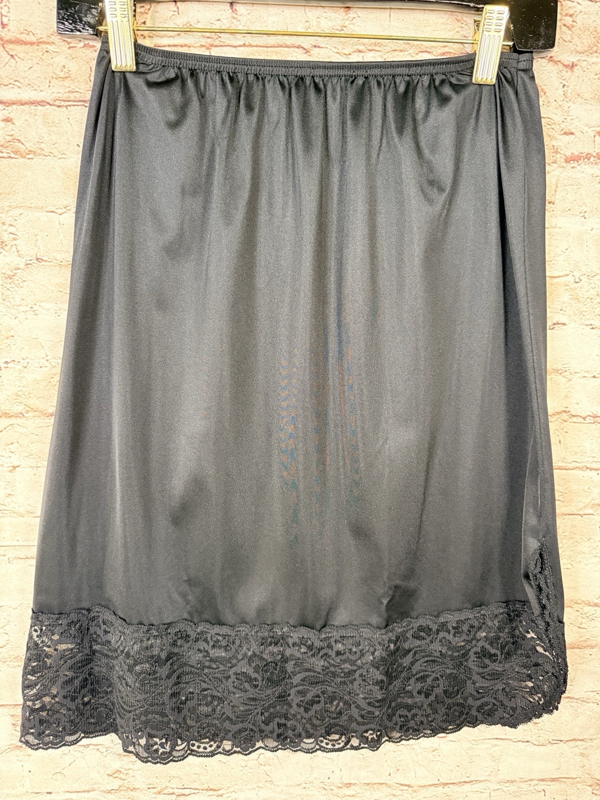 Vintage Vanity Fair Black Half Slip Skirt Semi Sheer Lace Side Slit Size S/M
