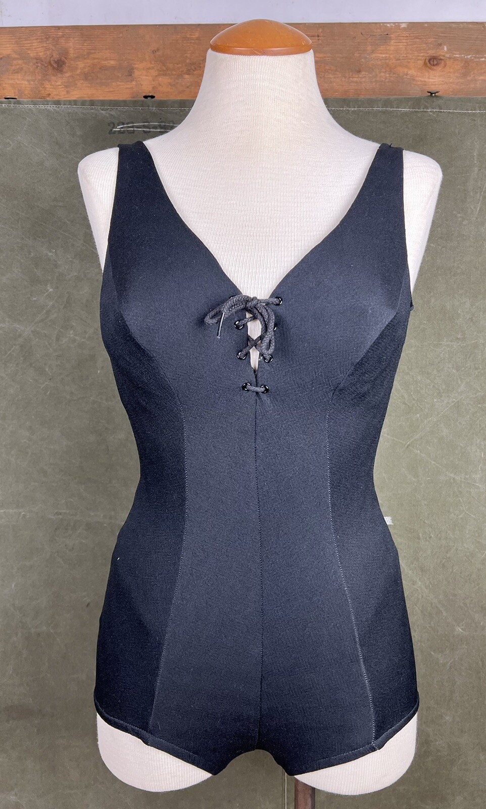 Vintage 60s Black Pin Up Bombshell Lace Up Swimsuit Cole of California M boudoir