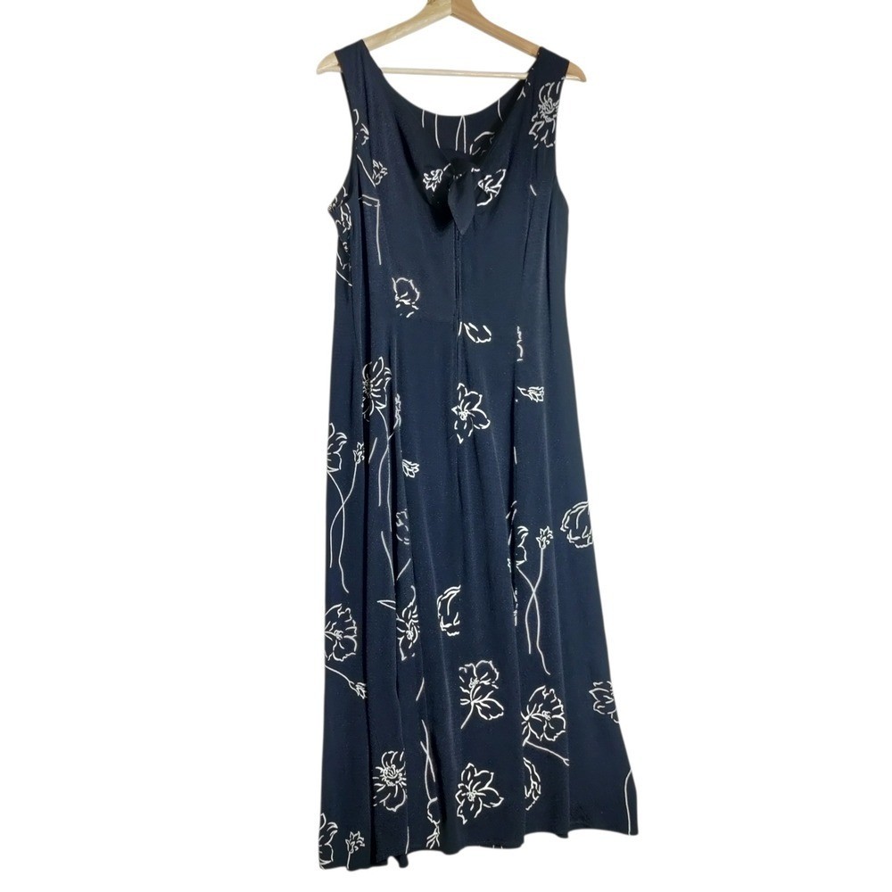 SL Fashions Vintage Navy Blue White Floral Maxi Dress Bow Back Size 12 11586