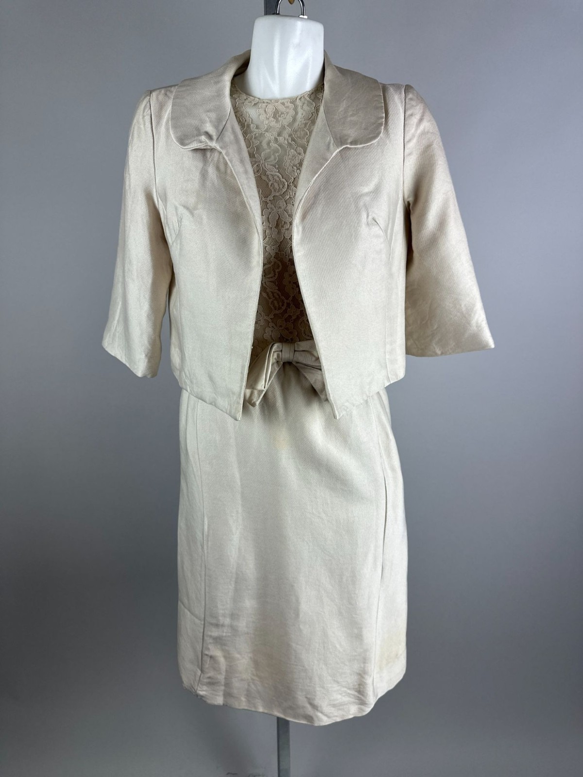 Vintage 60s Cream Lace Sheath Dress Jacket Set Bridal Mod Cocktail Mad Men Small