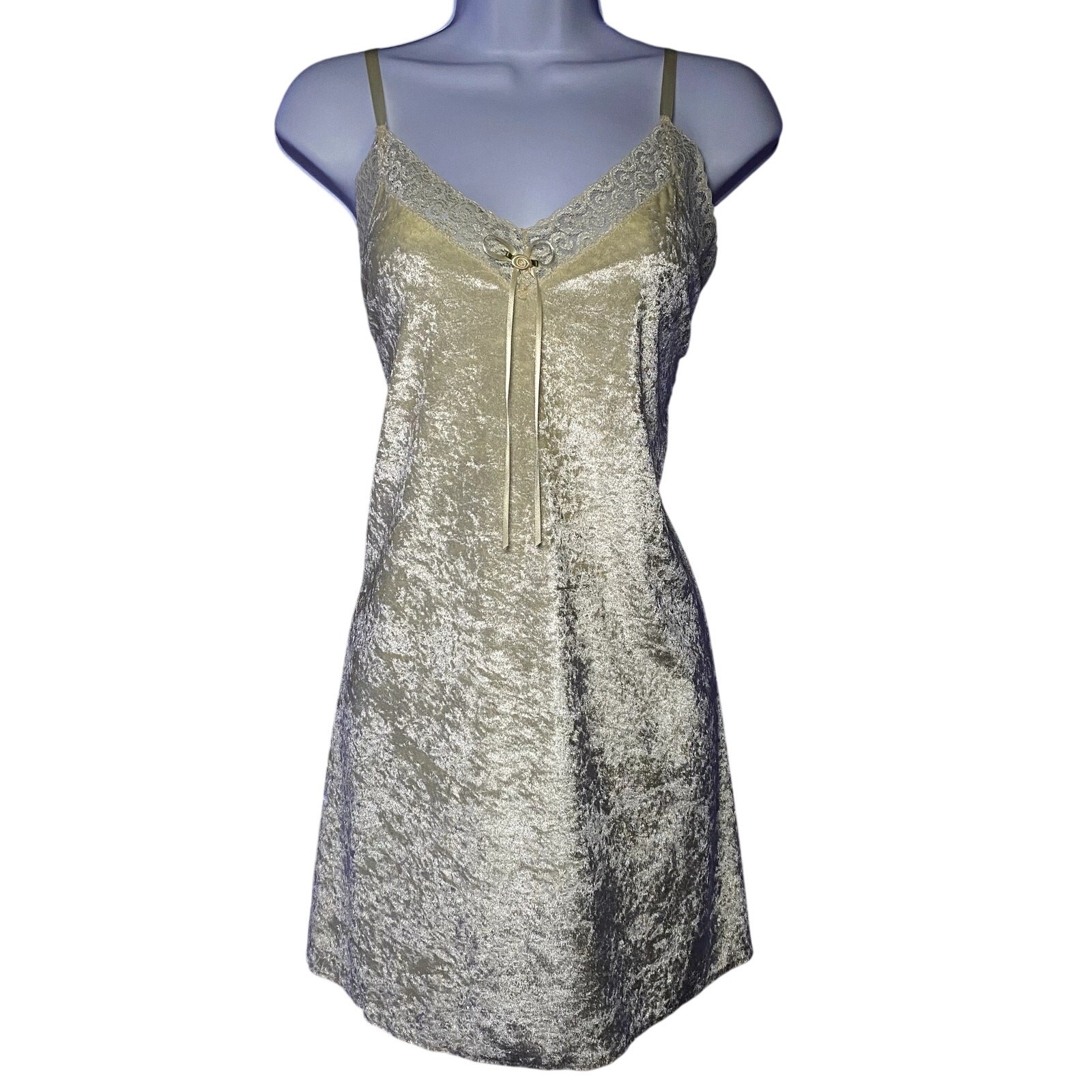 Vintage Pastel Yellow Crushed Velvet Angelcore Slip Chemise Mini Dress Bridal- M