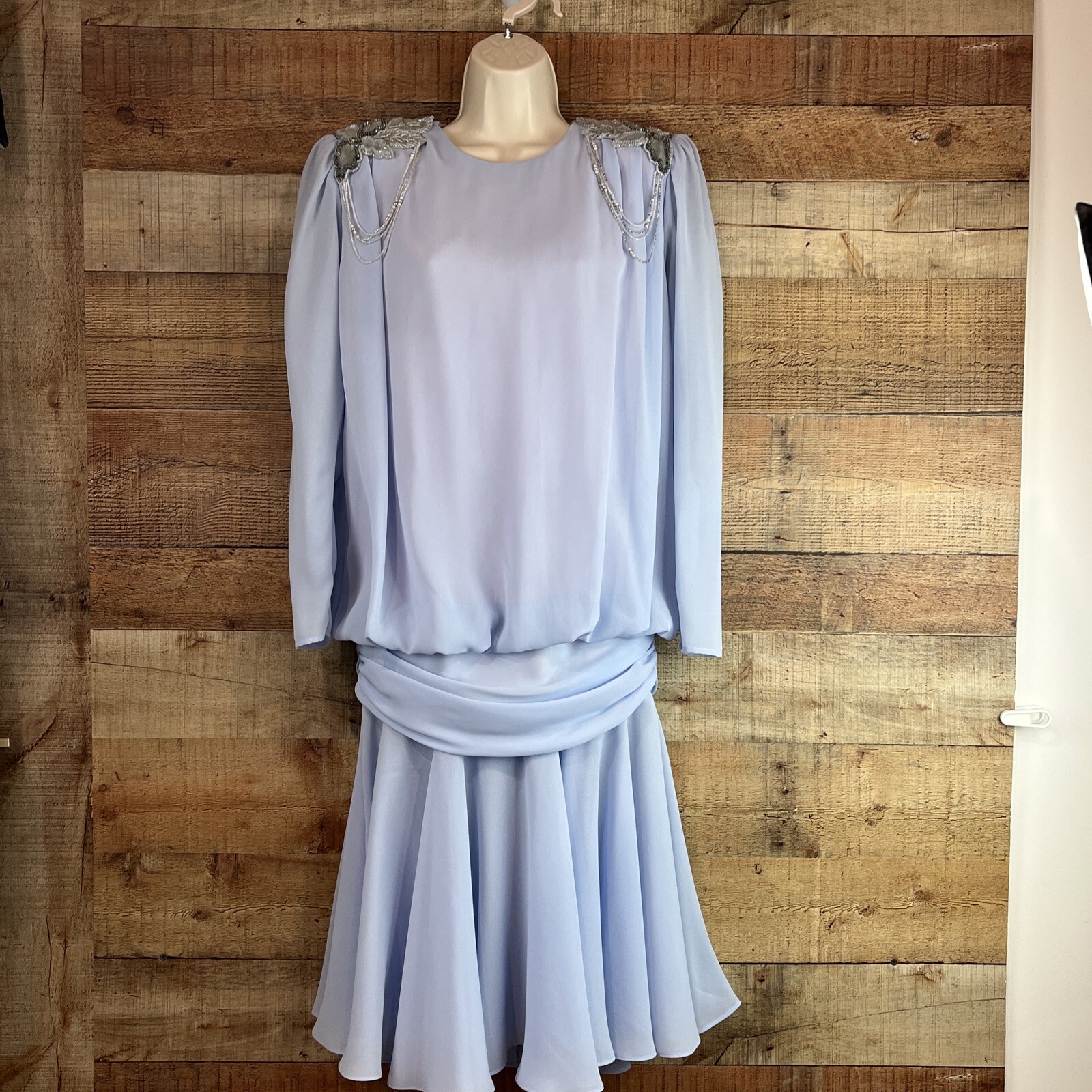 Vtg 1980s Abby Kent Dress Baby Blue Rhinestone Appliqué Party Midi Dress Size 8