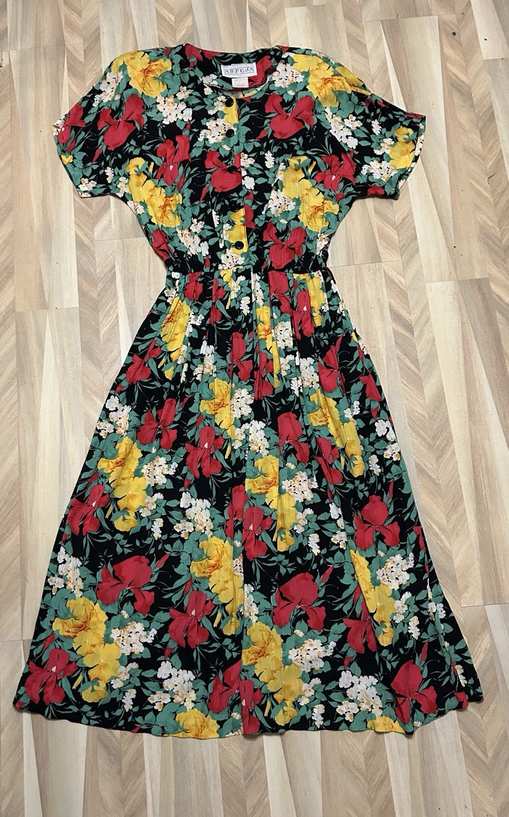 Vintage Arpeja Floral Dress Women’s Size 14 Pockets Made In USA 80s