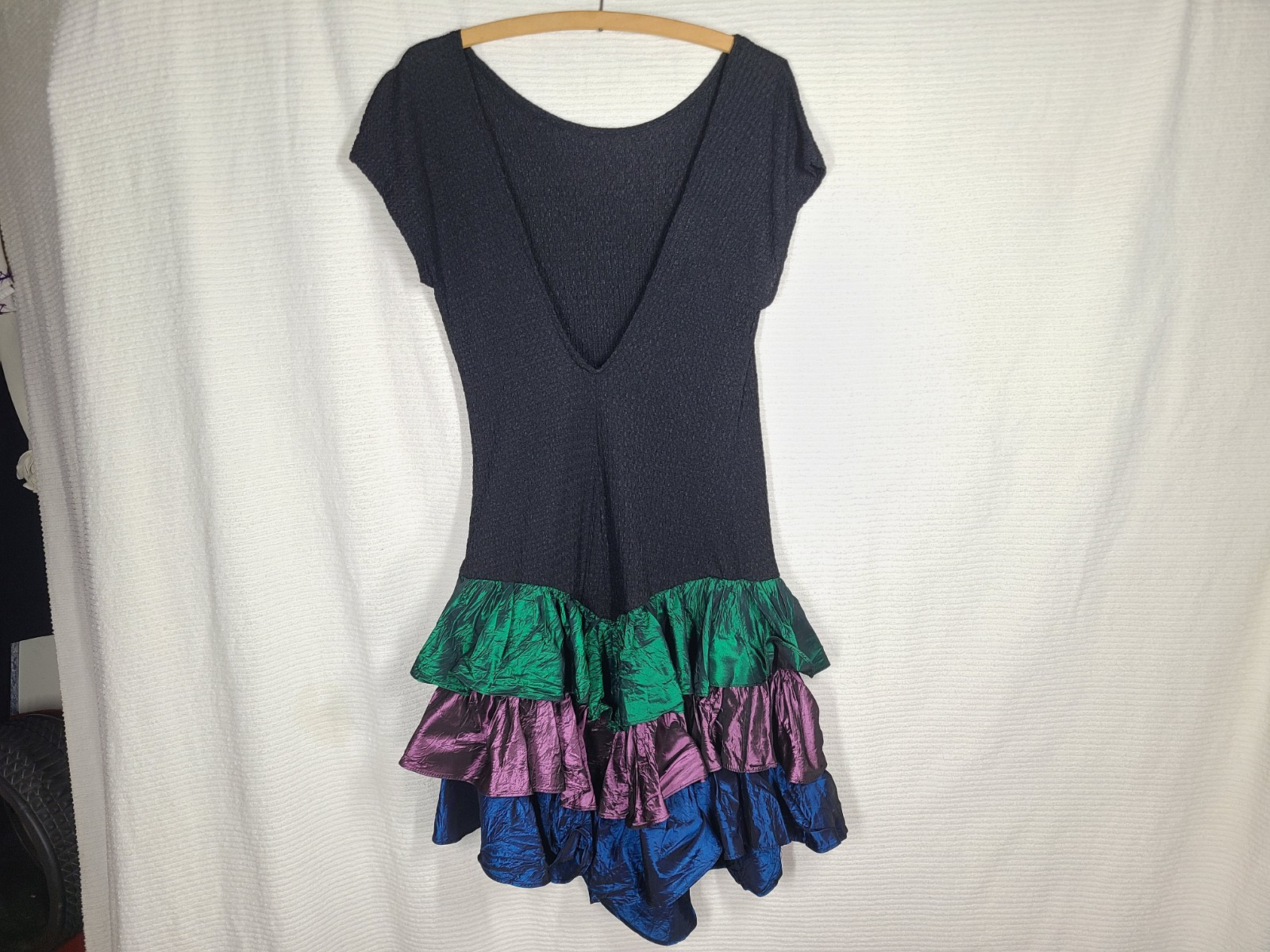 90s Metallic Party Dress L Tiered Lame Skirt Stretch Knit Low Back Steppin Out