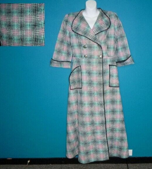 Vtg 1940s Paintset Long Quilted Cotton Robe Black Aqua Pink Plaid Sz L/XL
