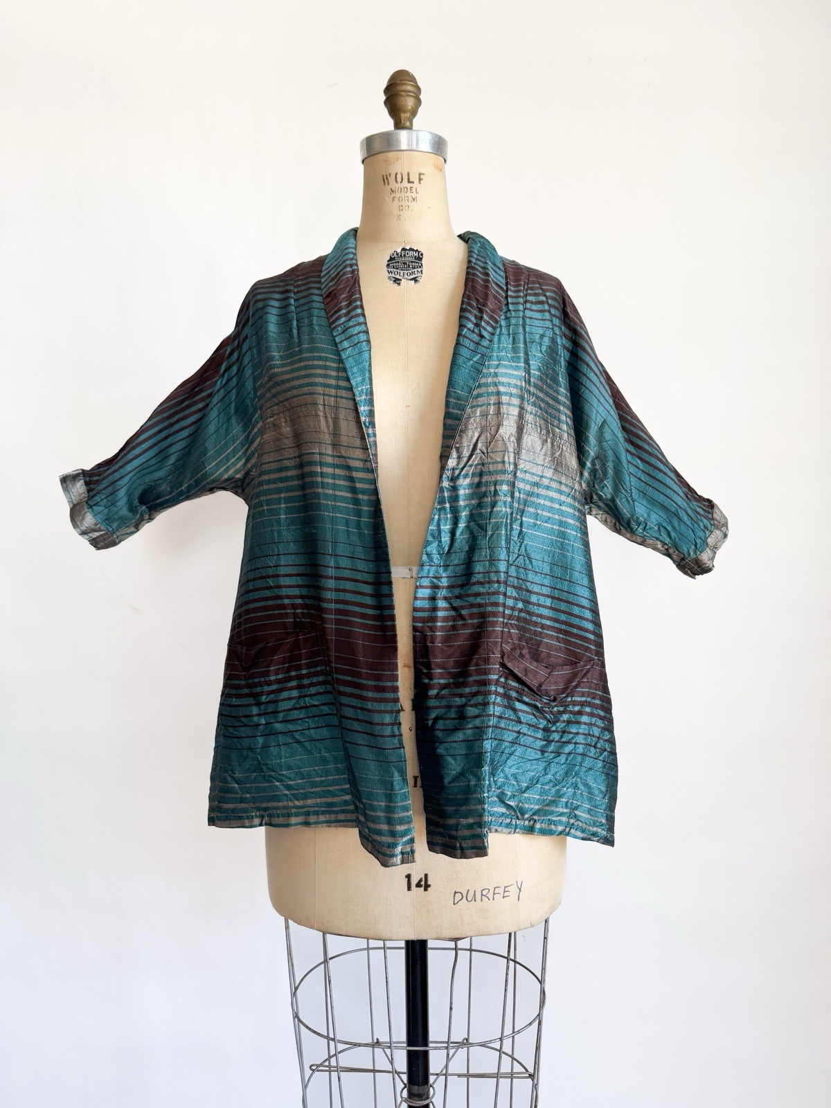 Vintage 1950s Striped Silk Wrap Top Belted Shirt Silk Teal Copper Tommies M L