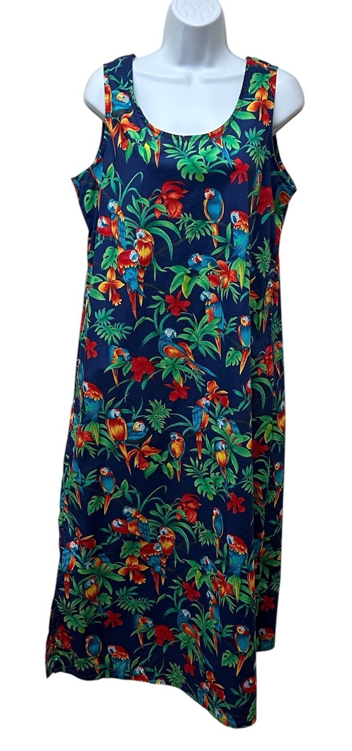 Vintage Hilo Hattie Hawaiian Aloha Luau Dress Sundress Parrot Print Size L