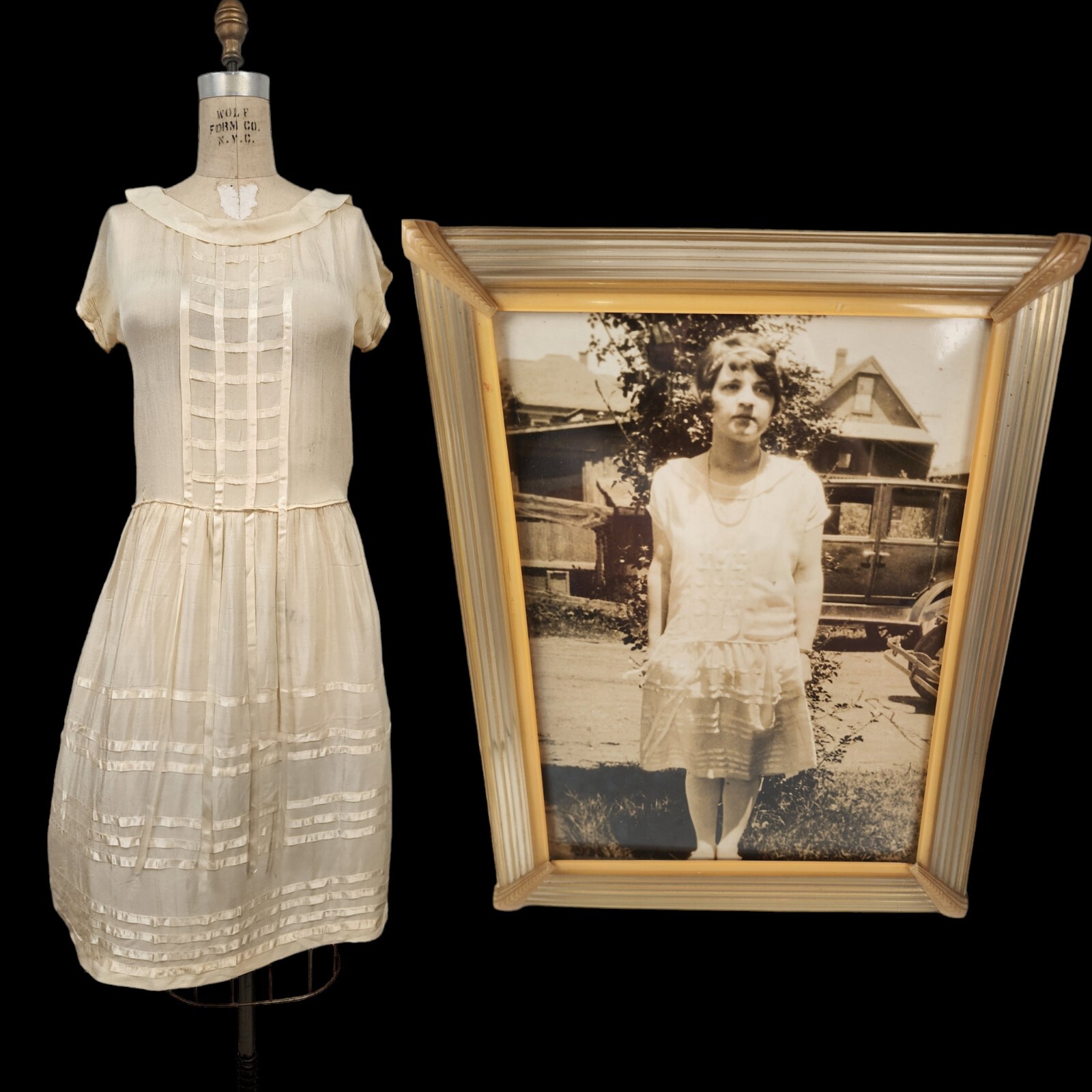 Vtg 20s Silk Chiffon Flapper Boho Bridal Dress + Rare Original Photo + Frame!