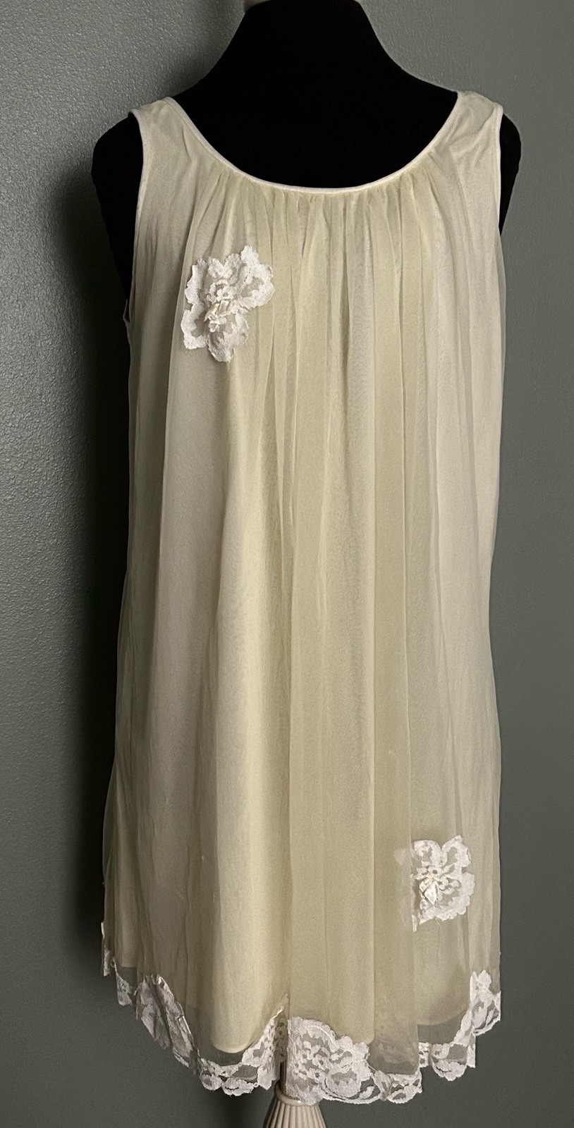 Vintage Yellow Movie Star Nightgown Made in USA Sheer Overlay Babydoll Lace Trim