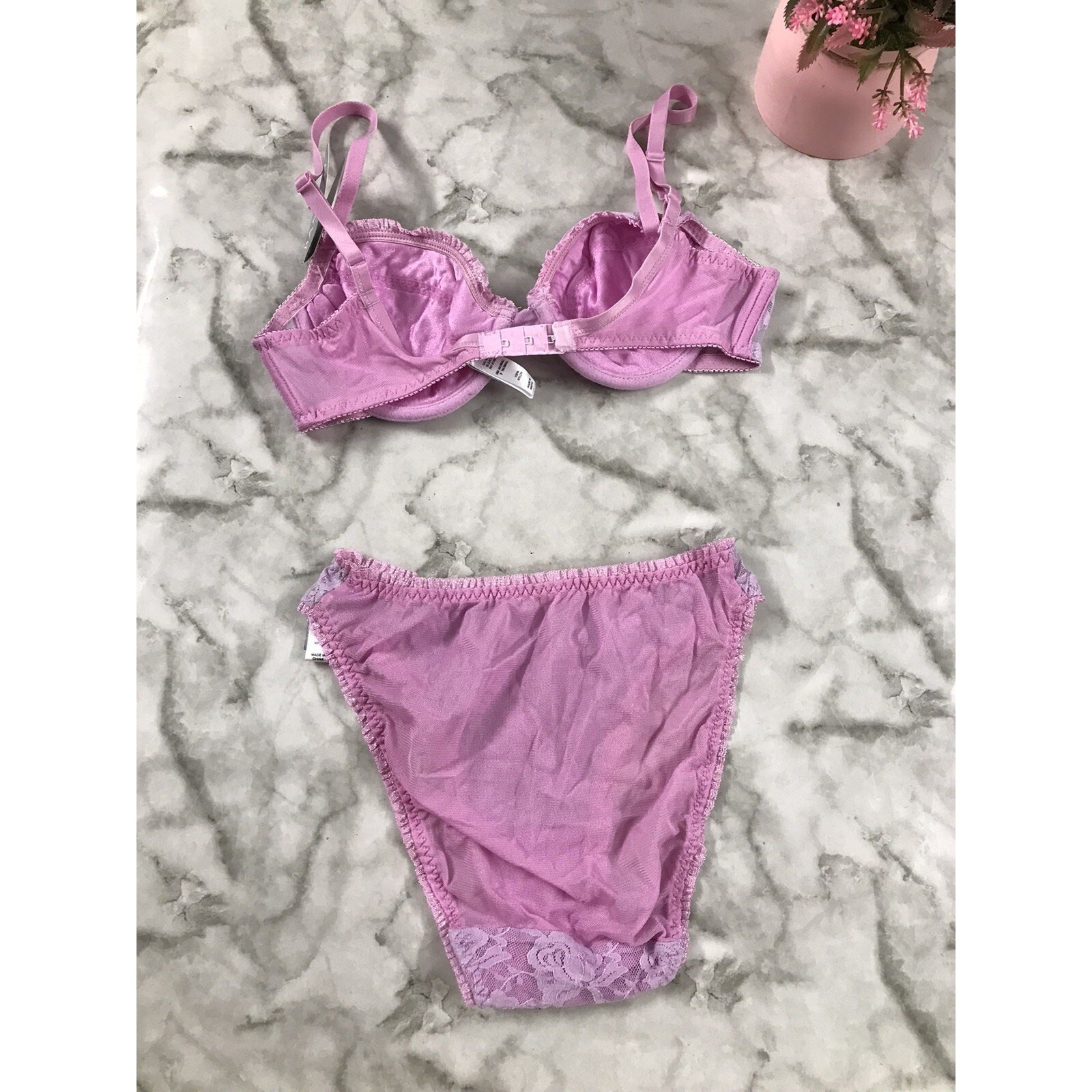 VINTAGE 2PC SET 90S BAMBOO HELENE MILLER NY Sexy Lace PURPLE Bra 34A/SM Panty