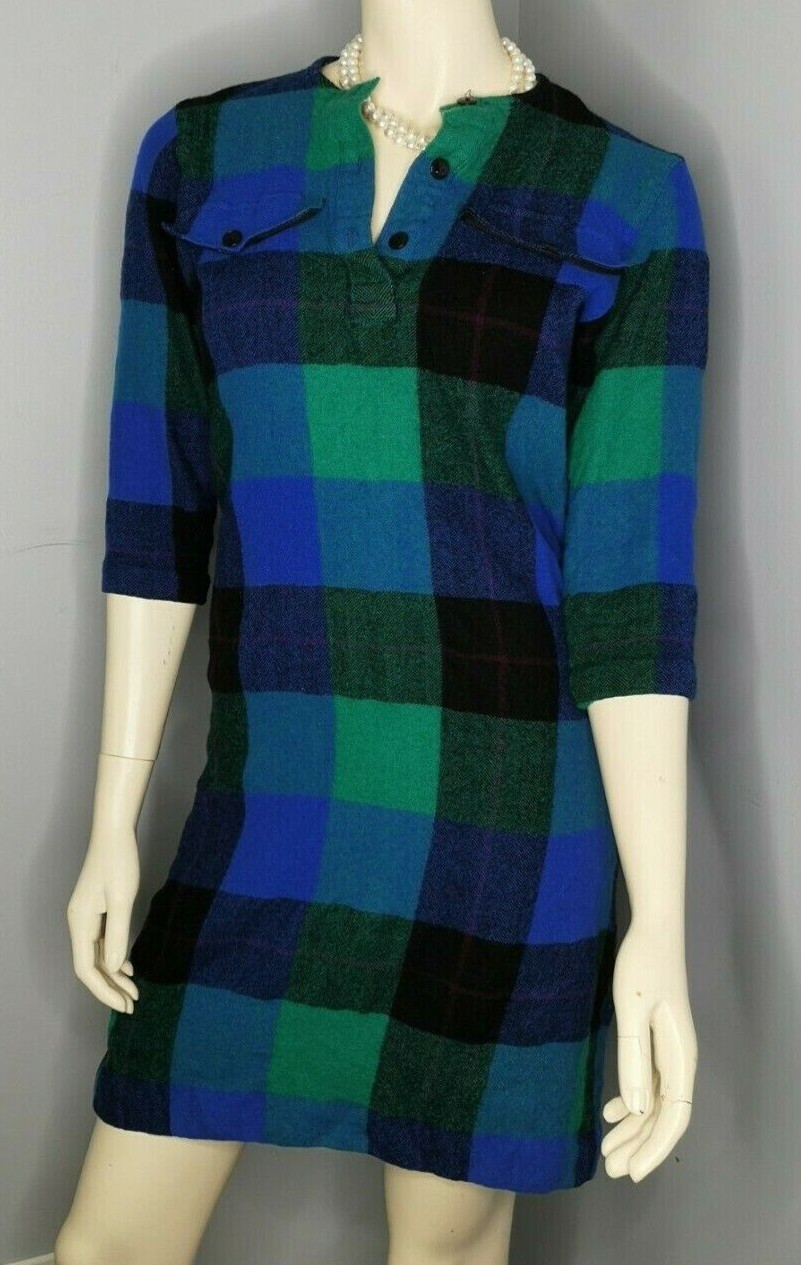 VTG 70s 80s Caroline Rohmer Canadian WOOL Blue Green Black Plaid Tunic Dress XS
