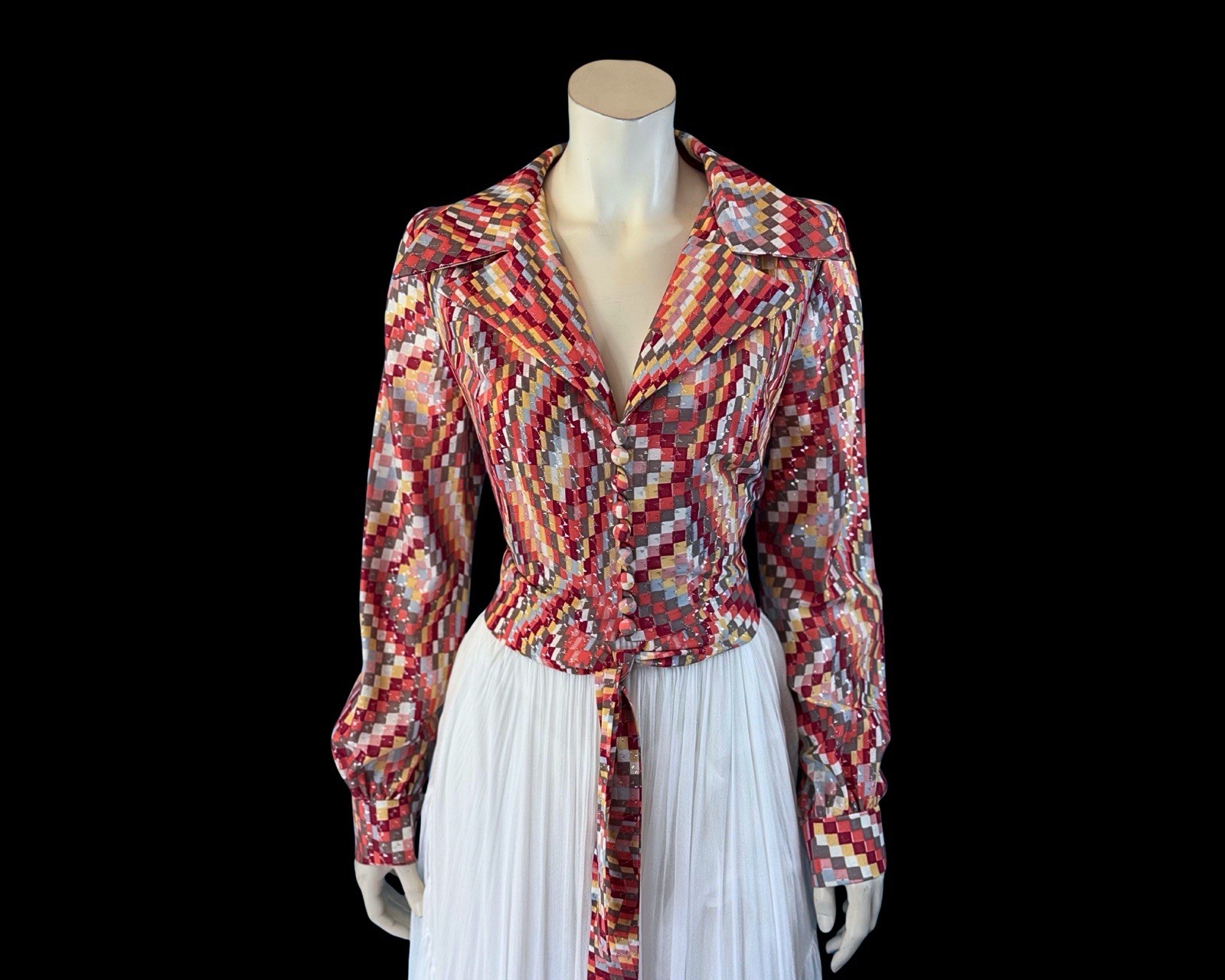 1970s Psychedelic Geometric Mosaic Multi Colour Metallic Tie-Waist Blouse | M