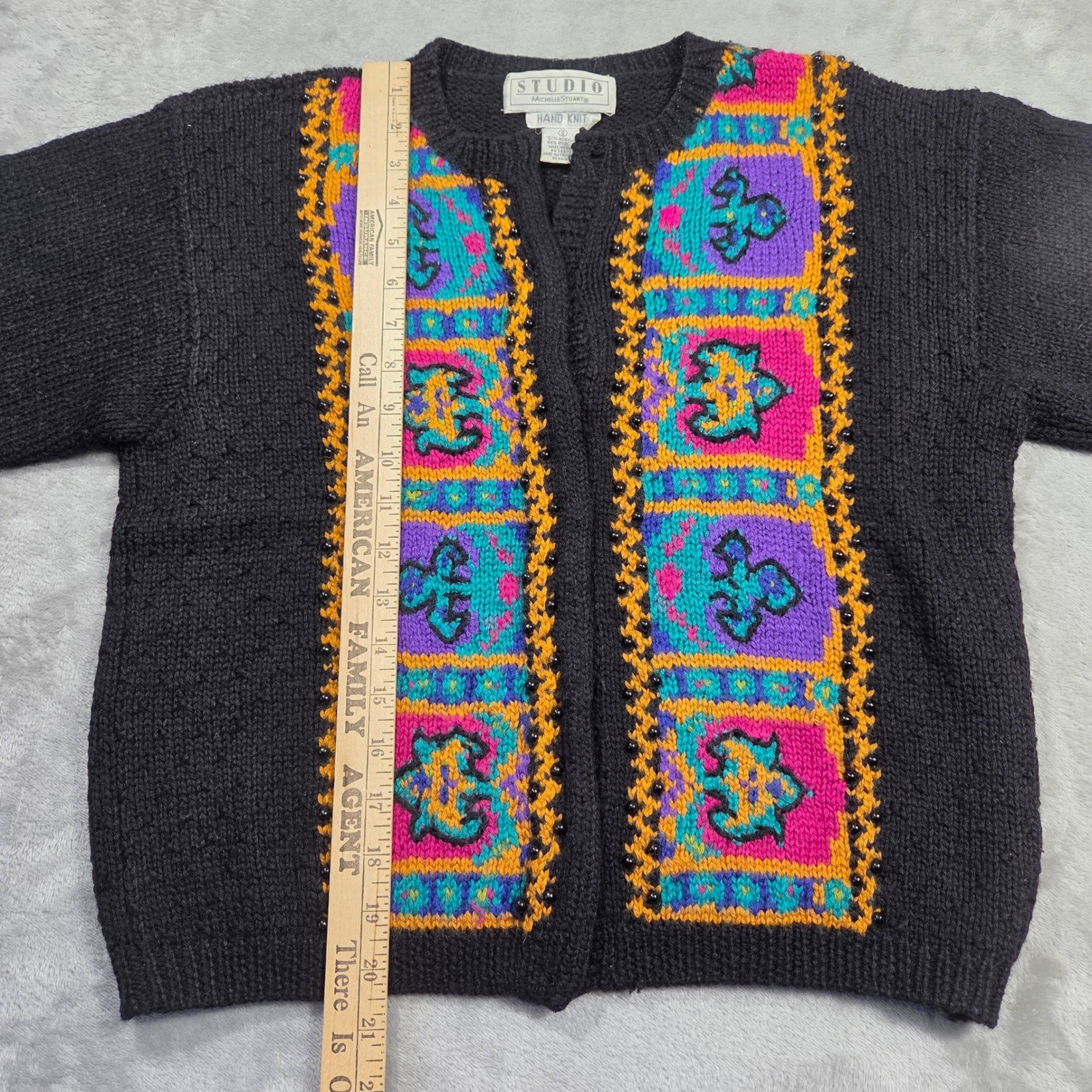 Studio Michelle Stuart Vintage 90s Wool Blend Hand Knit Cardigan Black S Retro