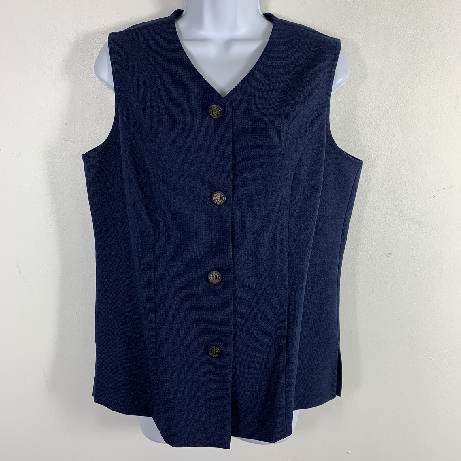24K Blue Button Front Vest Sz 12 Petite Minimalist Office Siren VINTAGE EB35