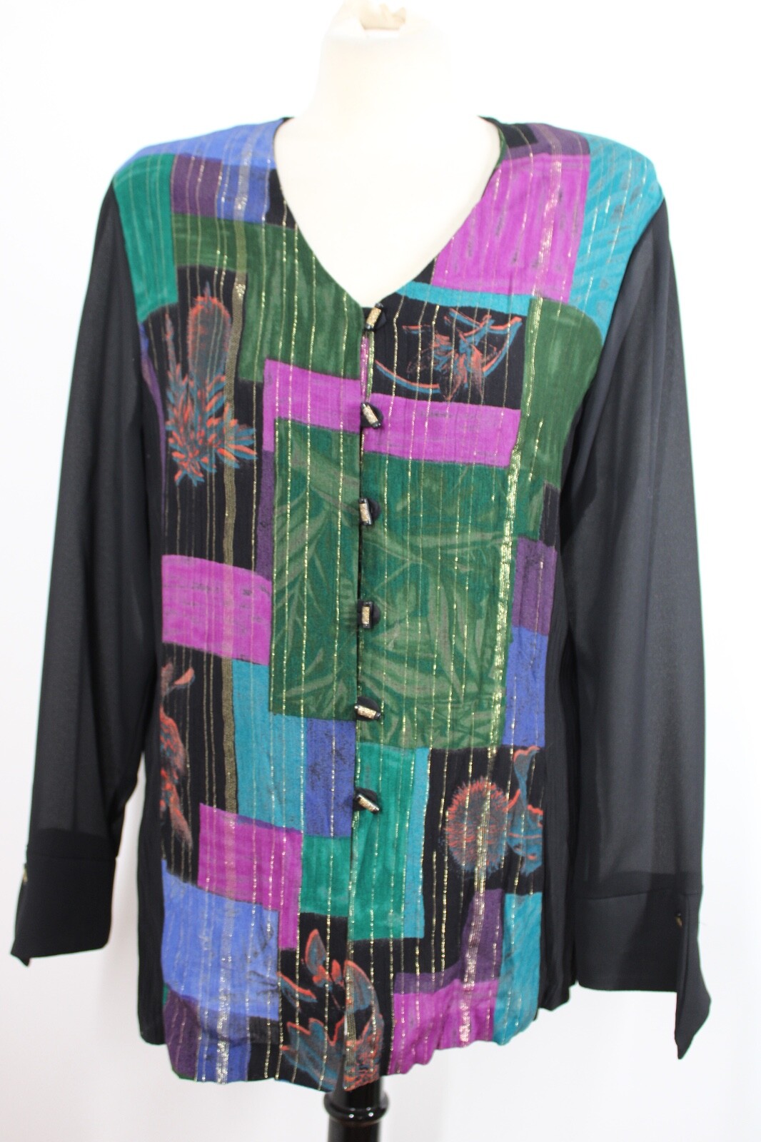 Vtg Gantos M Multicolor Rayon Blend Crinkle Long Sleeve Top Blouse USA