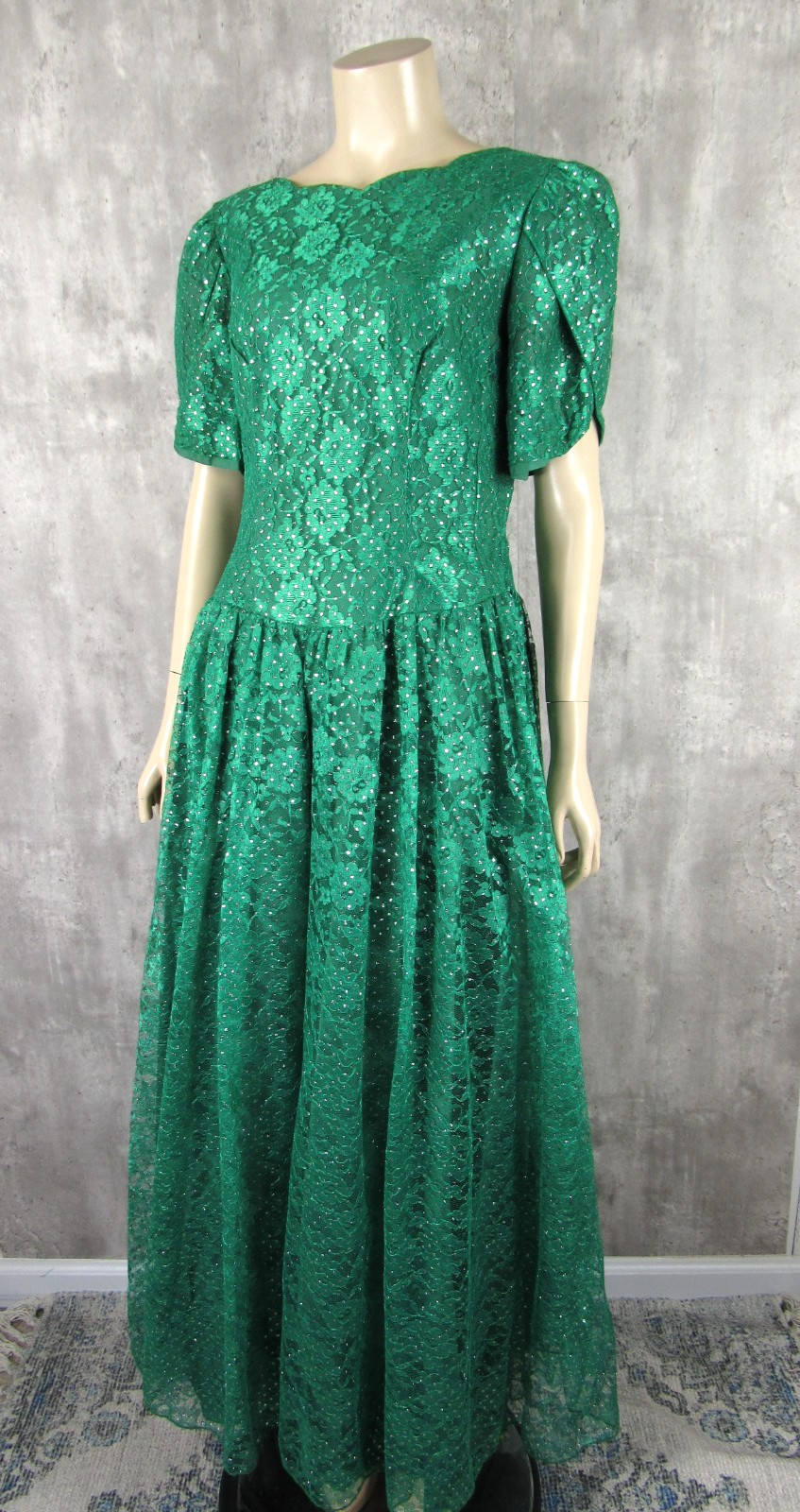 Vintage 80s Mike Benet Green Lace Metallic Party Prom Dress Maxi Gown Large L