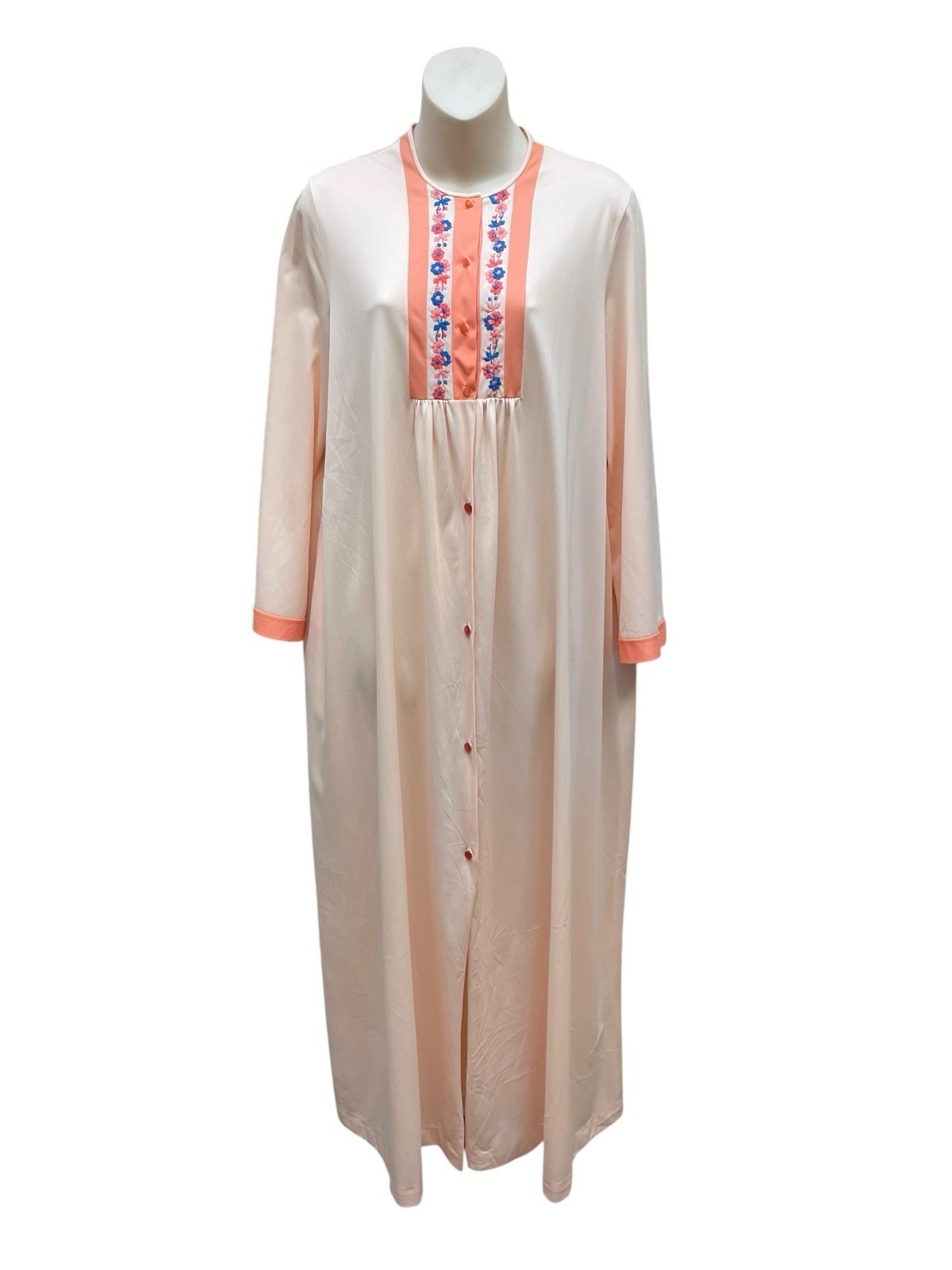 Vintage 70s 80s Lorraine Button Front Housecoat Robe Nightgown Large Peach Nylon
