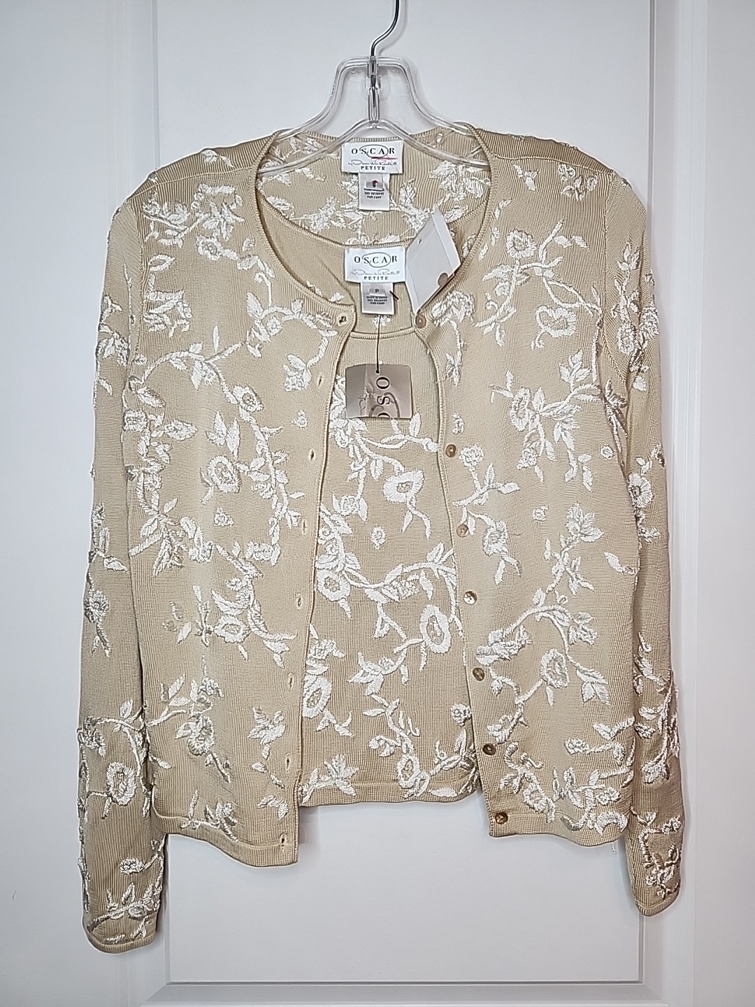 Oscar De La Renta Sweater Set Floral Embroidered 100% Silk Cardigan Sz 8P Vtg