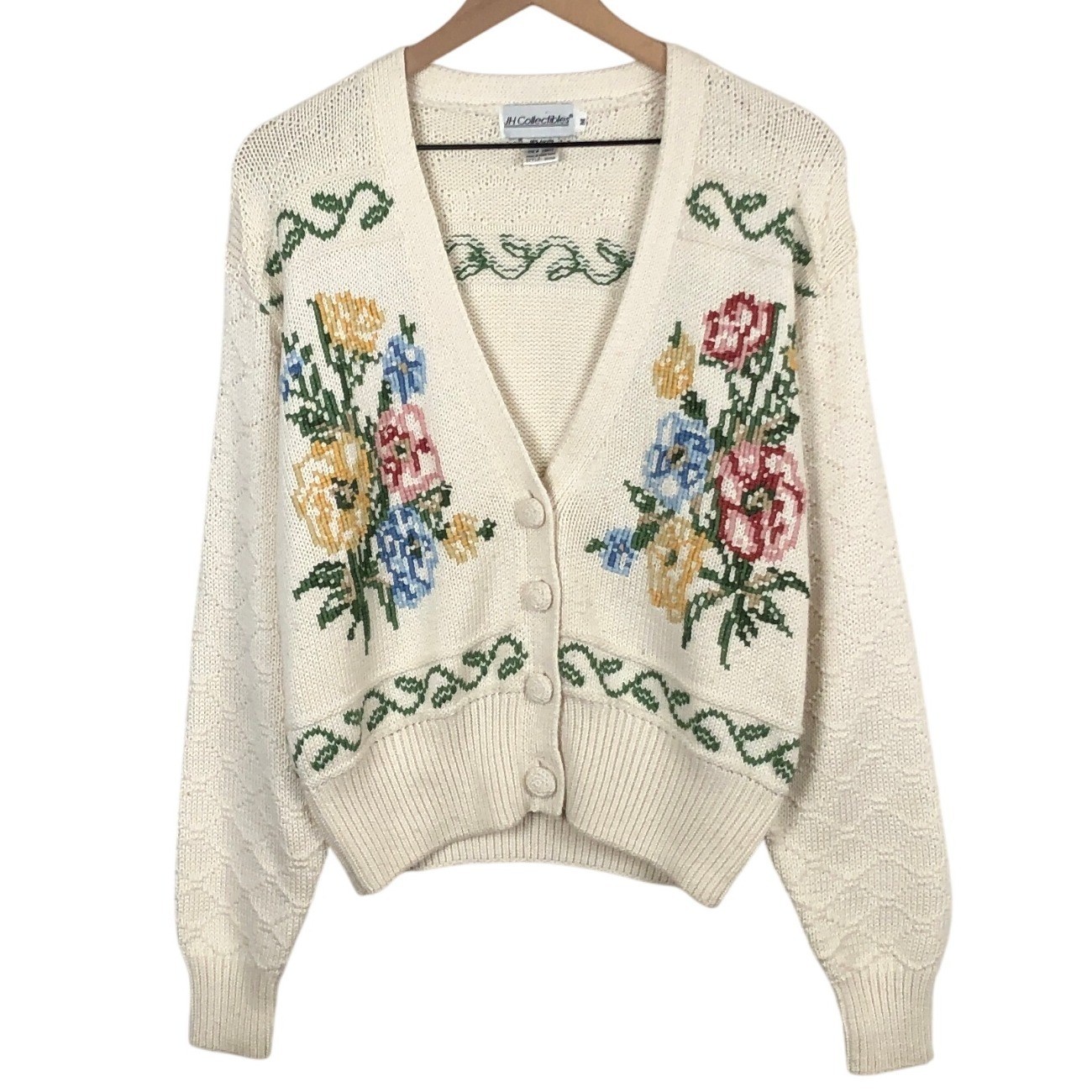 VTG JH Collectibles Floral Cross Stitch Cardigan Sweater Sz M Ivory Cottagecore