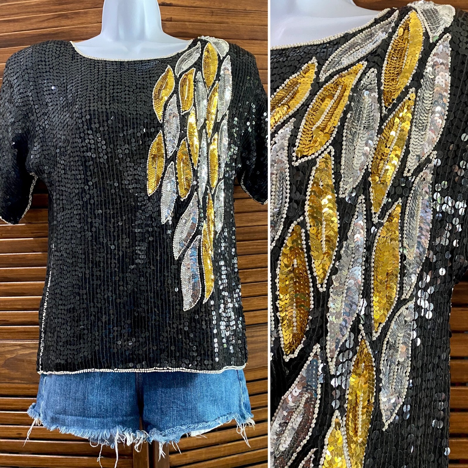 Vintage Jean for Joseph Le Bon Black Gold and Silver Short Sleeved Sequin Top S