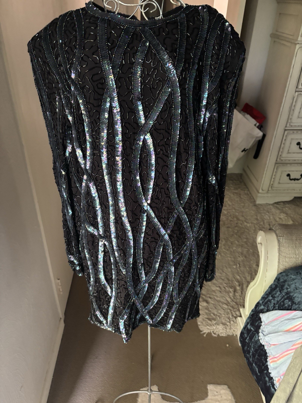 Vintage FRANK USHER Silk Sequin & Beadwork Black Mini Dress M 10-12