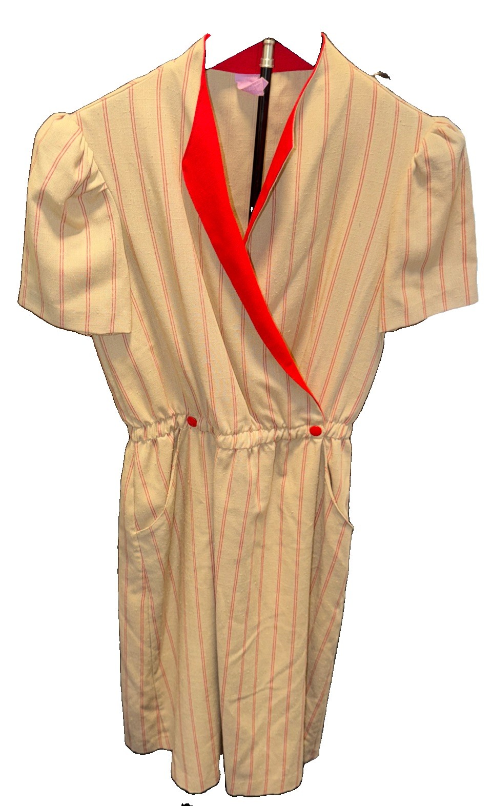 VTG 80s Red Tan Striped Faux Wrap Dress Sz M 9 POCKETS