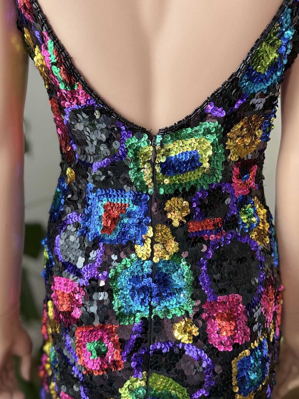 VTG 80s AJ Bari Sequin Mini Dress Multicolor Geometric Open Back Cocktail Sz 6