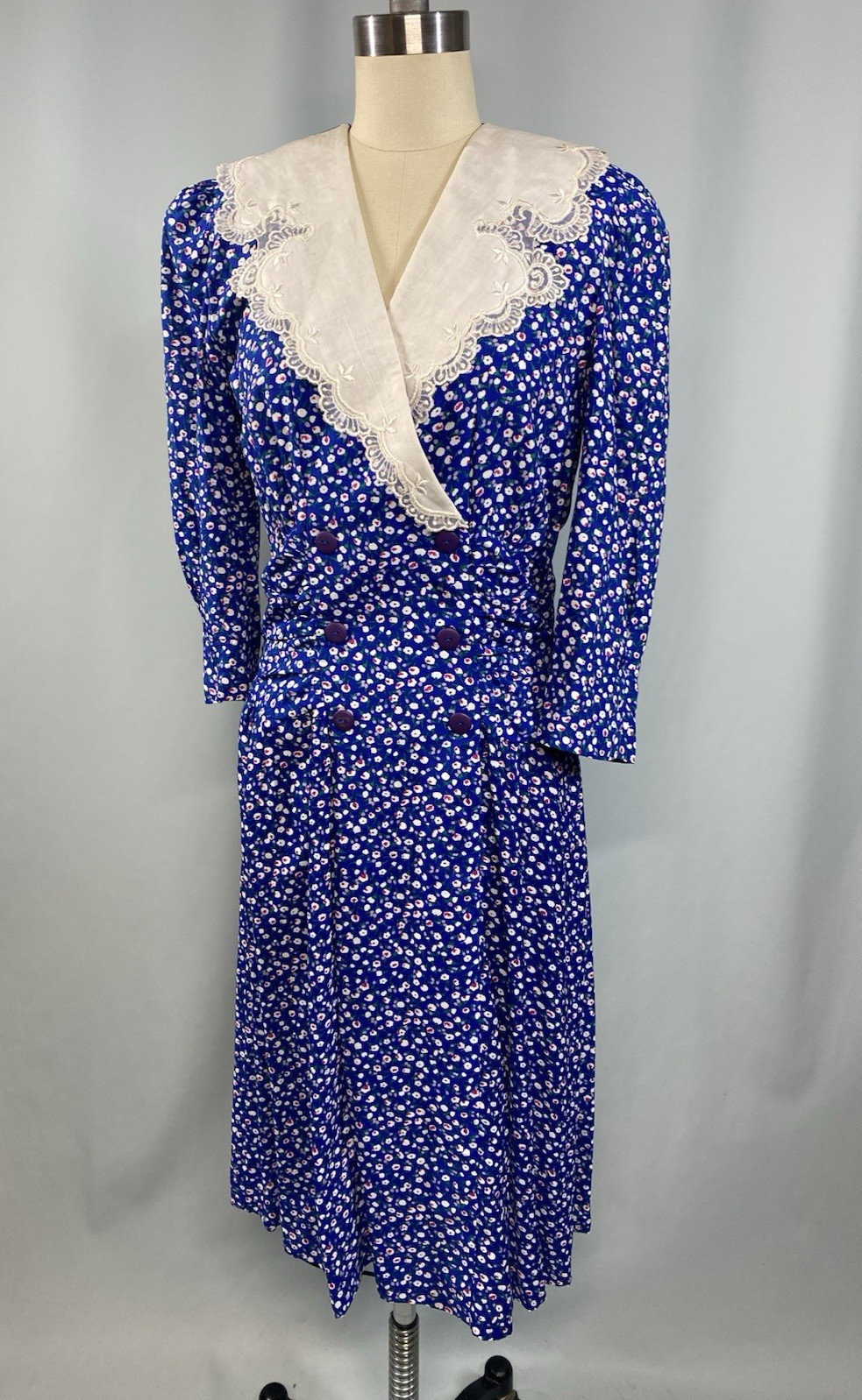 Vintage Dress SIZE 4 Small blue floral KARIN STEVENS 80s 90s church Rayon