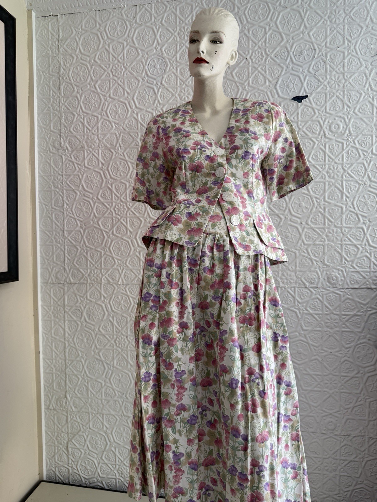 vintage 1980s 2 piece dress set floral skirt jacket Puff sleeve pink cottage L