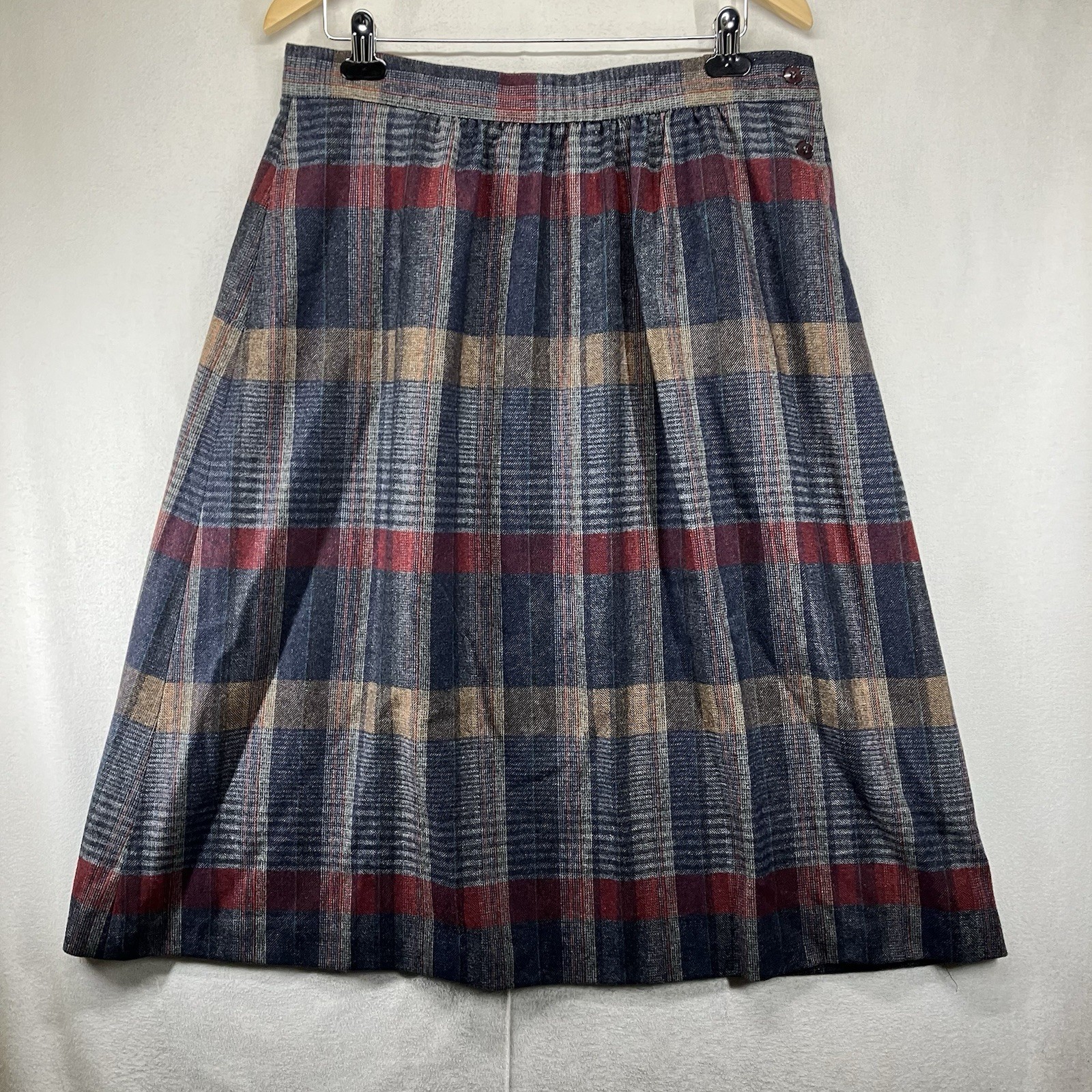 Vintage Women’s Plaid Skirt 17 Muted Colorful Natural Neutral Wool Blend 33×30