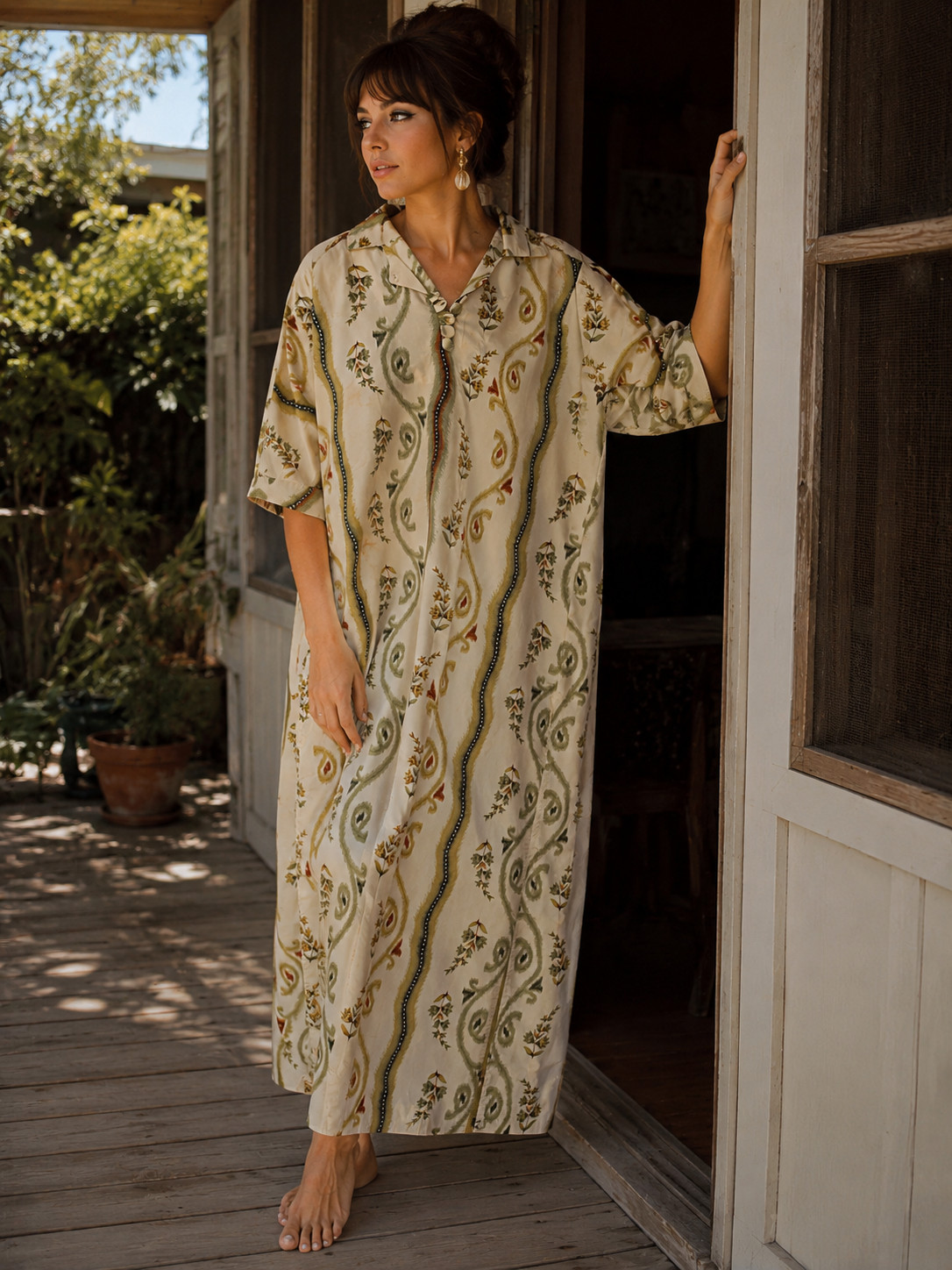 Vintage 1960s Floral Caftan House Dress Plus Size XL Mod Lounge Hostess Dress