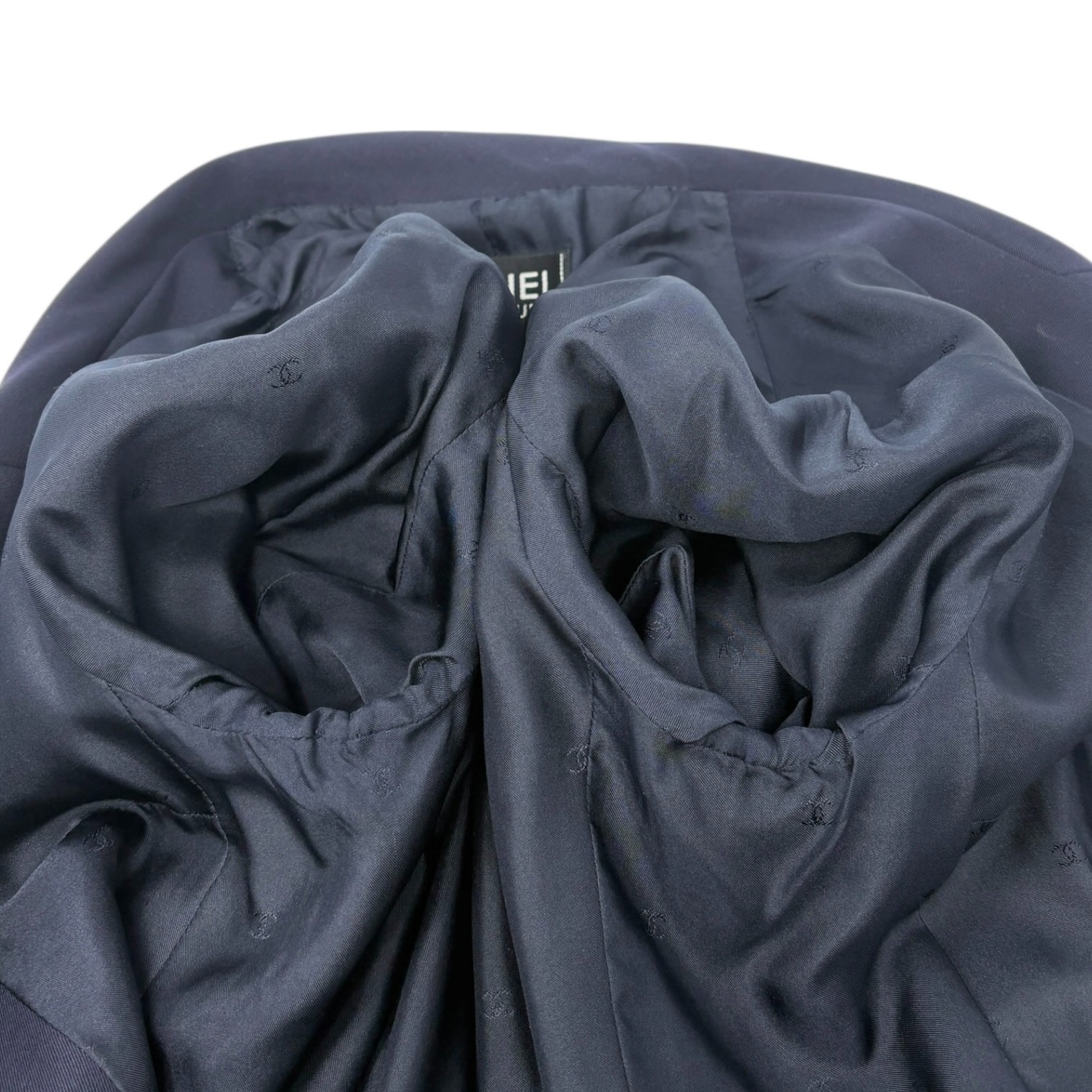 CHANEL Vintage 97P CC Logo Button Blazer Jacket #42 Dark Blue Gold Wool Pocket