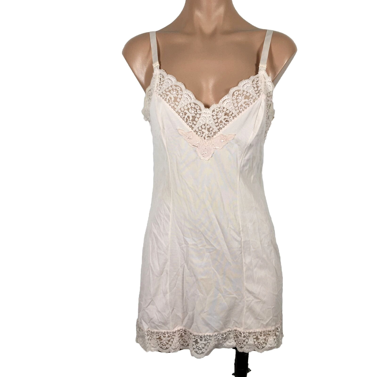 PINK Nylon Lace Chiffon 1970s Deena Full Slip sz 34 Vintage Nightie Embroidered