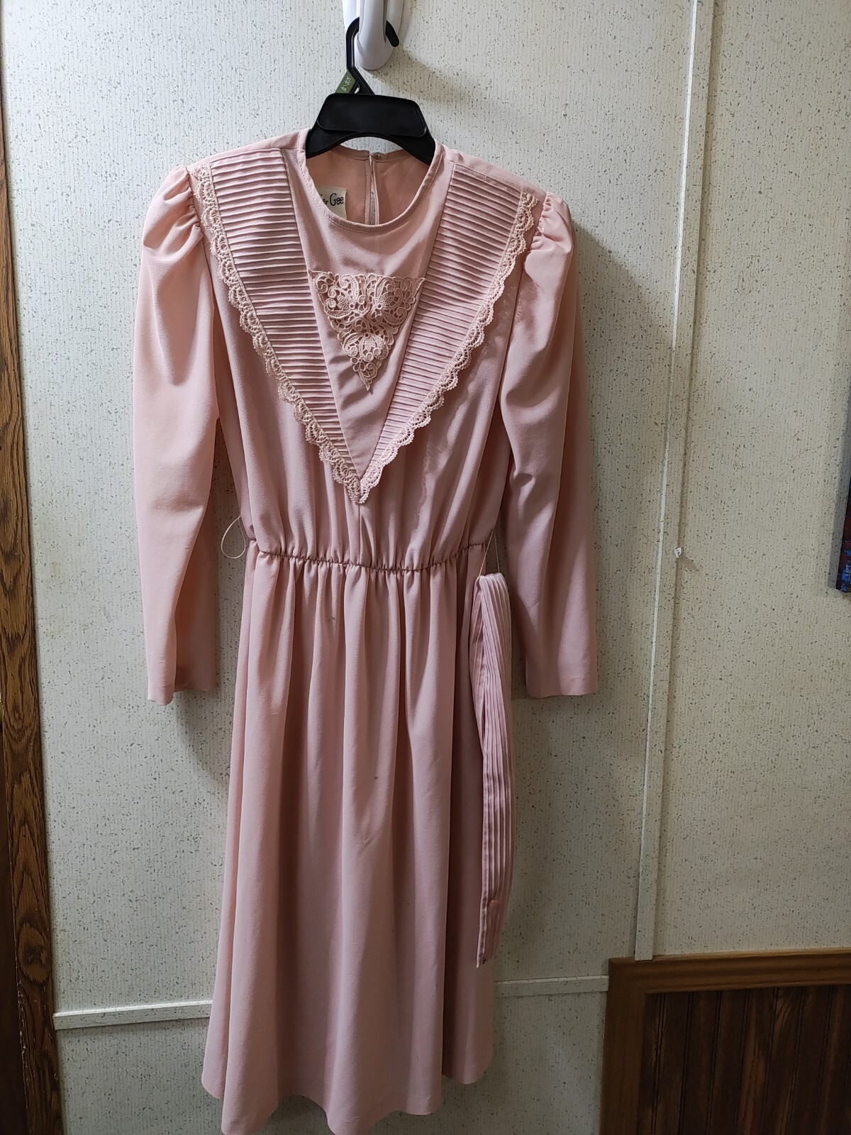 Vintage Jennifer Gee Chiffon Dress Pink Lace Puff Long Sleeve Size 10 Clean USA