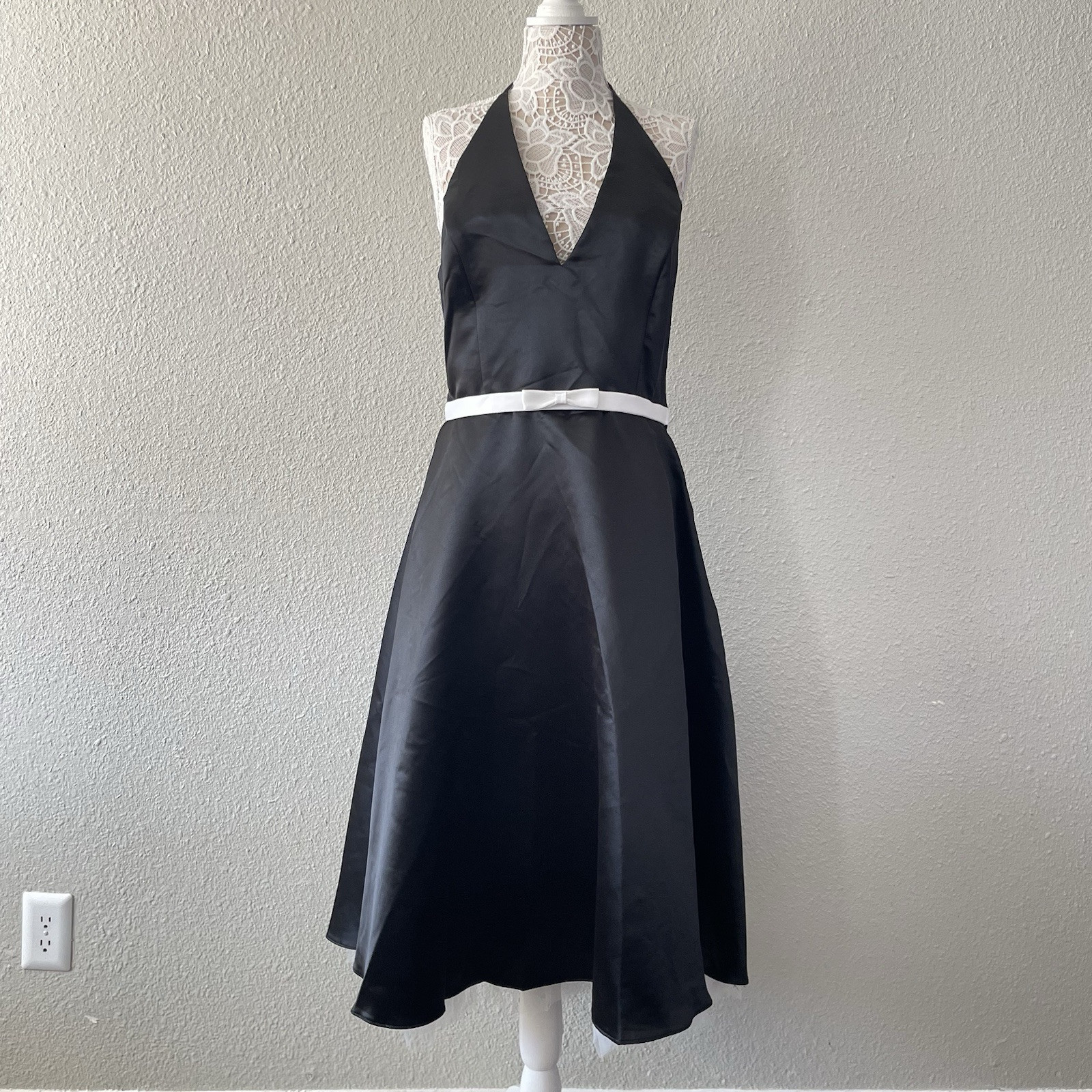 Jessica McClintock Satin Formal Halter Dress Vintage Black Old Hollywood Size 14