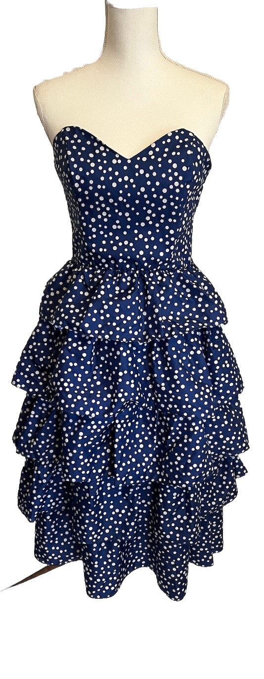Vintage 80s 90s Strapless Blue White Polka Dot Prom Dress Glam Rock Tiered Skirt