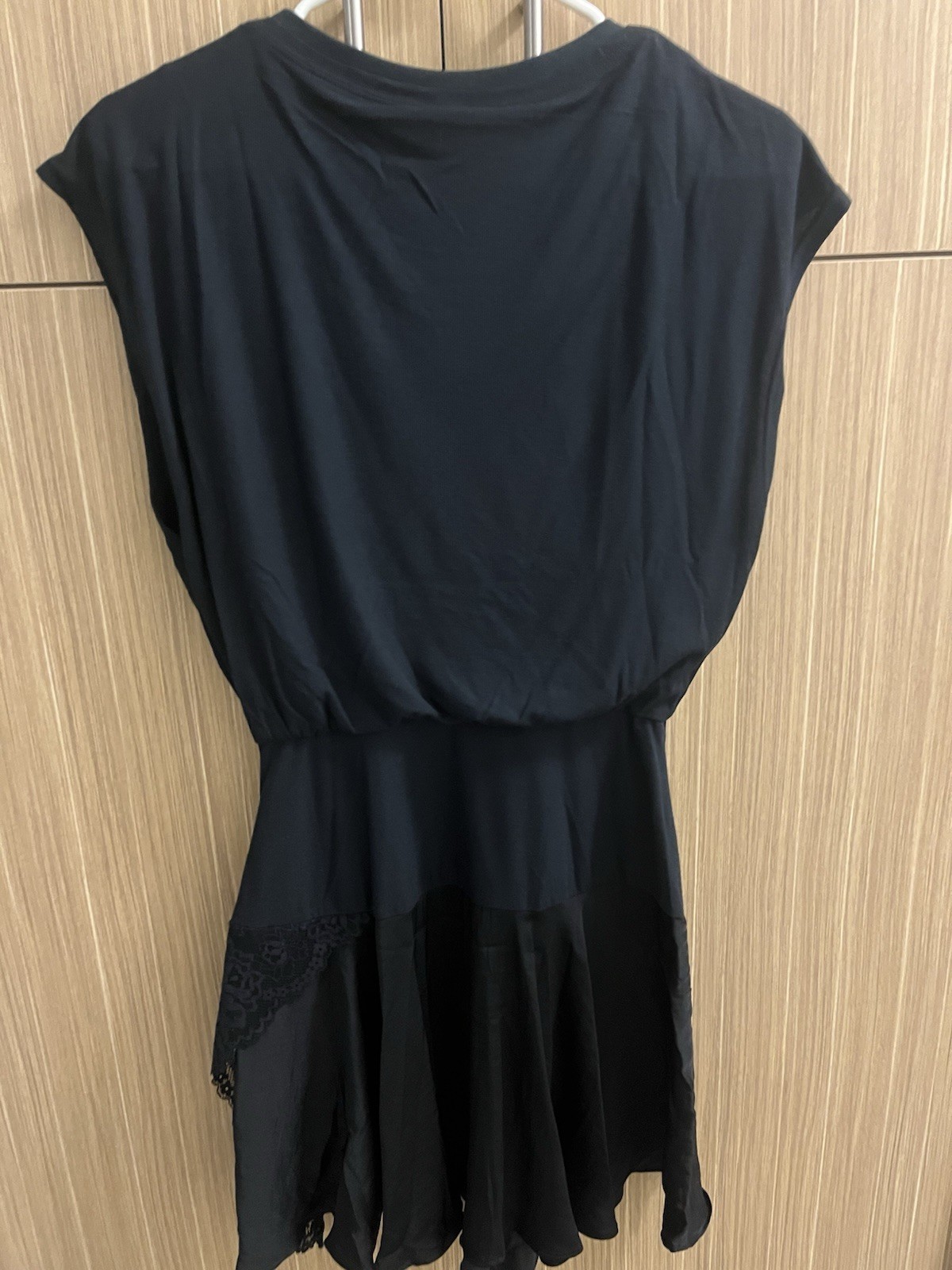 Free People short Black Lace Trim Dress Cap Sleeve Crew Neck Cotton Rayon Sz XS