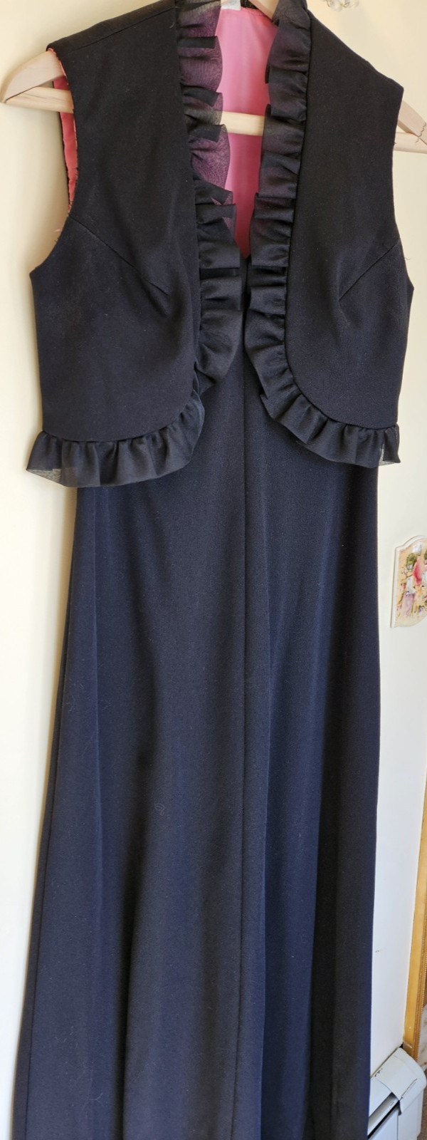 Vintage Black Gown V-Neck With Pink Lined Ruffled Bolero Vest Size 12