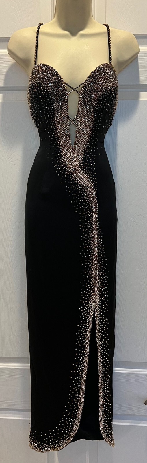 Vintage 80’s Sexy Black Satin Plunging Neckline Rhinestone Beaded Evening Gown S