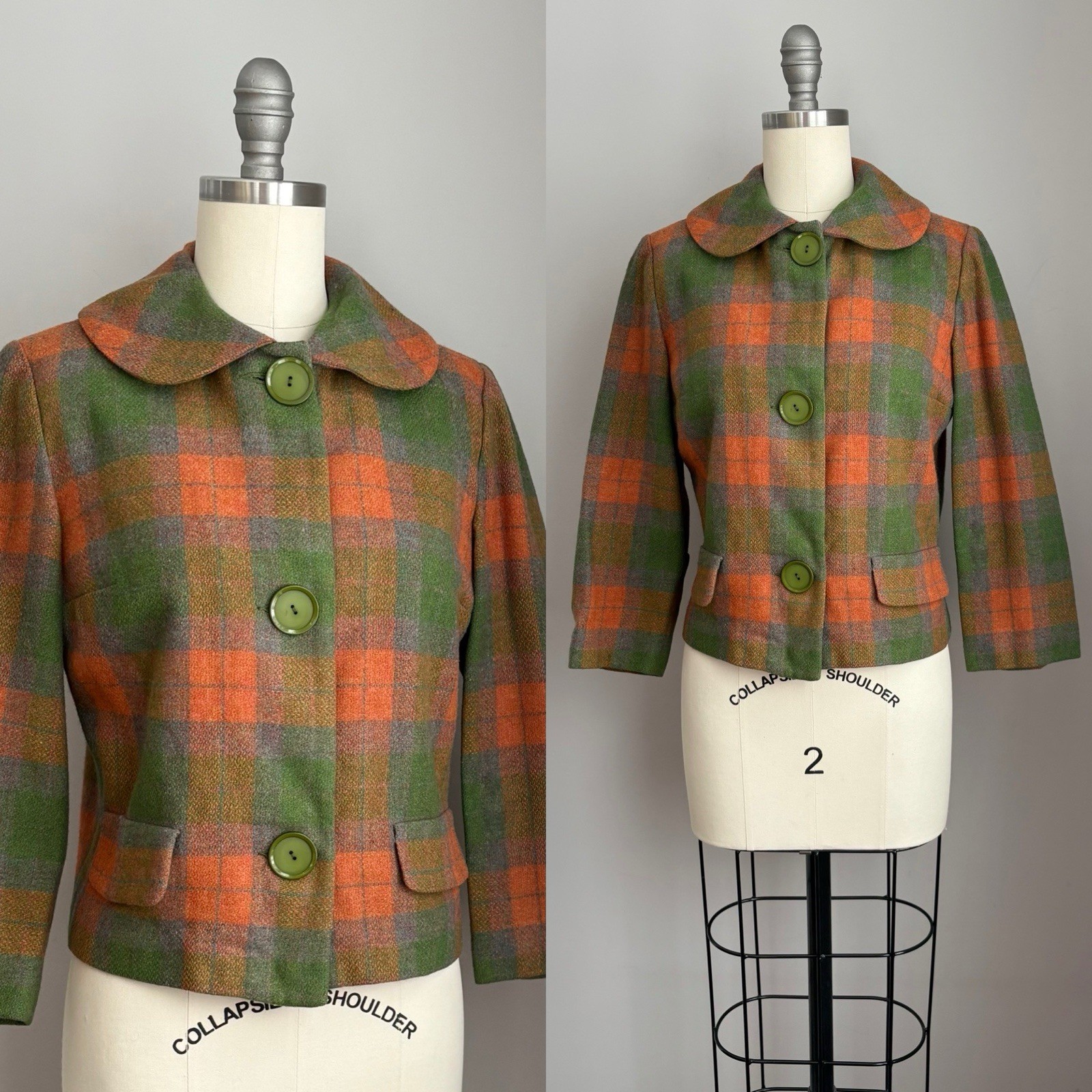 Vintage 1950’s Rainbow Plaid Wool Cropped Peter Pan collar Jacket XS/S