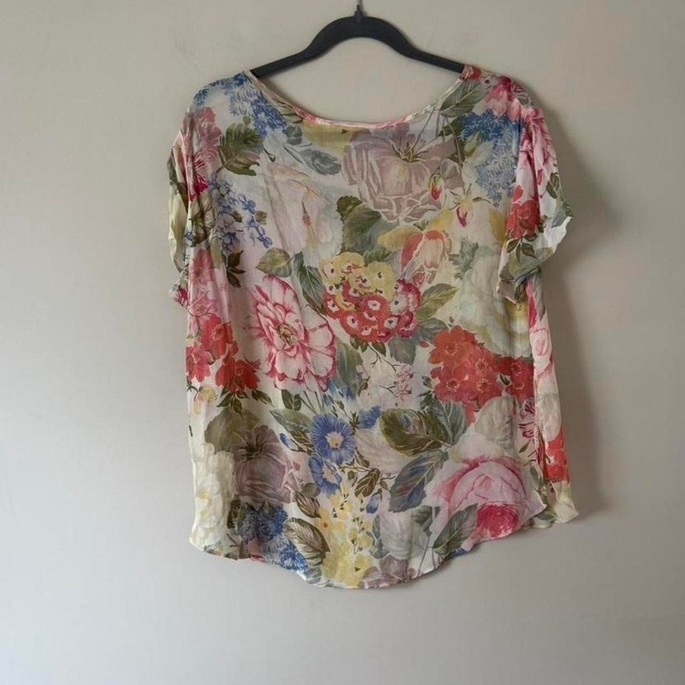 Vintage 80s/90s floral blouse semi sheer blue yellow pink flower rose