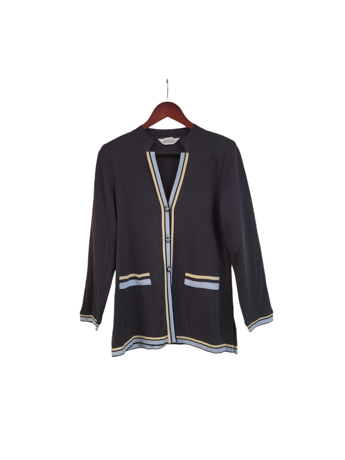 Vintage Exclusively Misook Black Knit Cardigan Blazer Size Small Stripe Trim