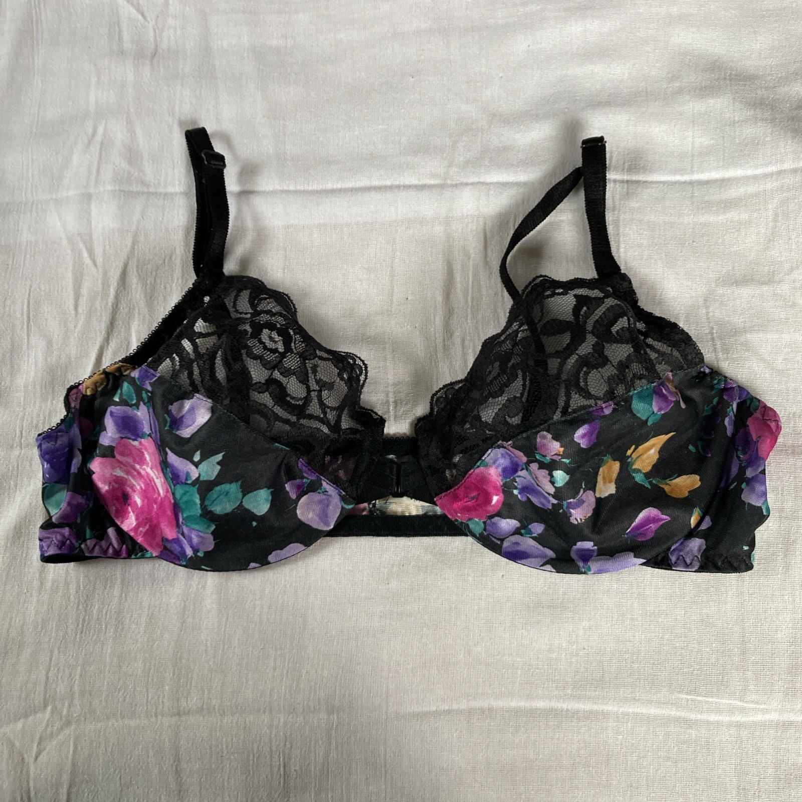 36B Vintage Underwire Floral and Black Front Close Bra Union Made USA