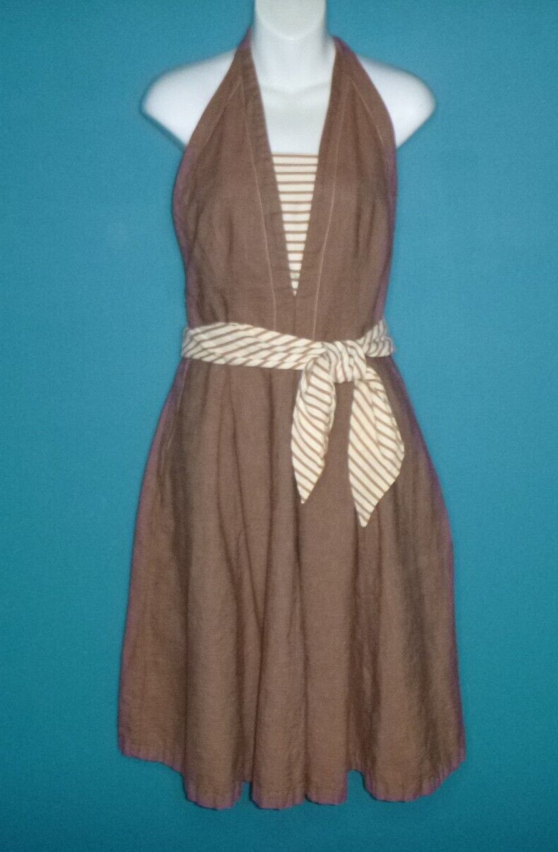 Vtg 60s junior House Brown Denim Halter Dress W/ Striped Top & Sash Sz S