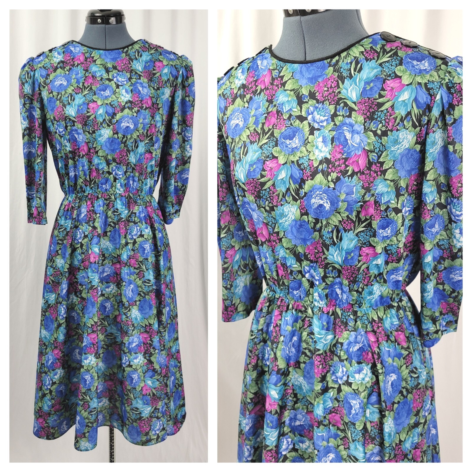 Vtg Whirlaway Frocks Black Blouson Dress w Blue/Purple/Green Florals Size 10P