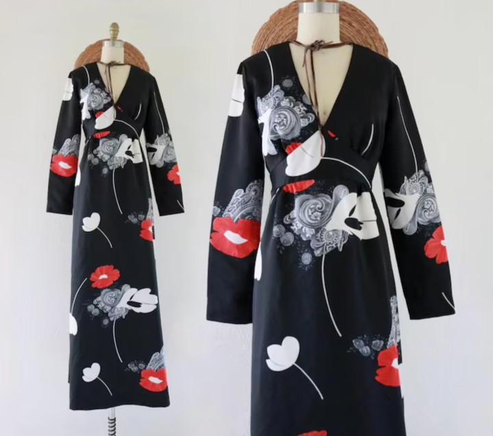 Vtg 70s TORI RICHARD Honolulu Hawaiian Maxi Dress Poppy Floral Sz 12 Med Vintage
