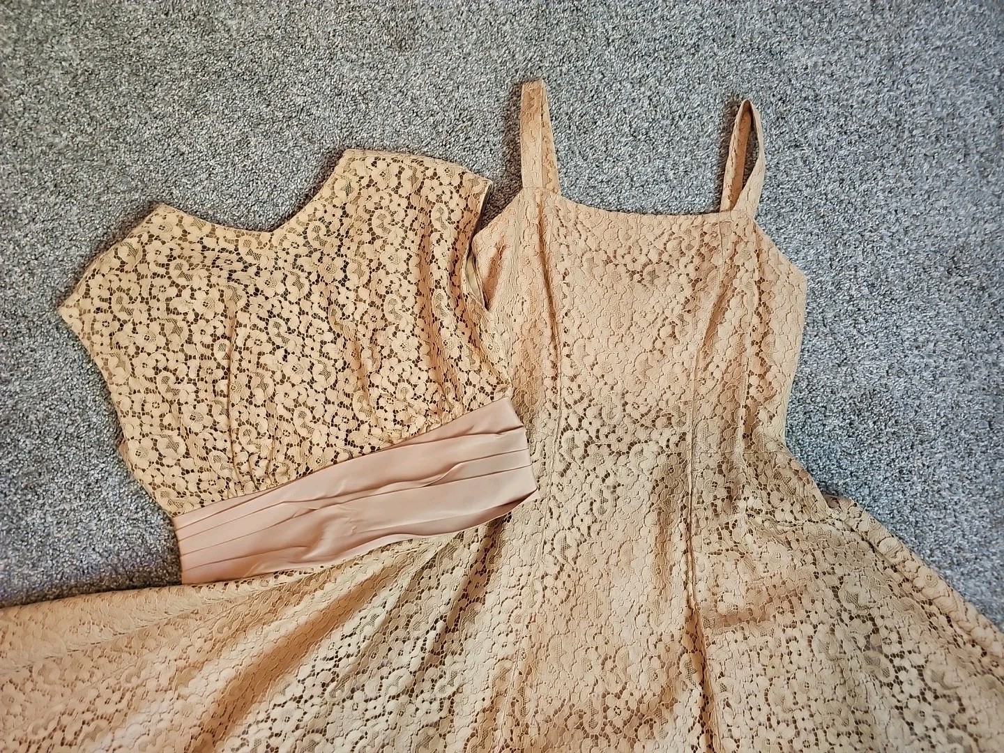 VINTAGE STRAP SWING Dress LACE JACKET Flare Tan Lace Lined Circle Skirt Zipper