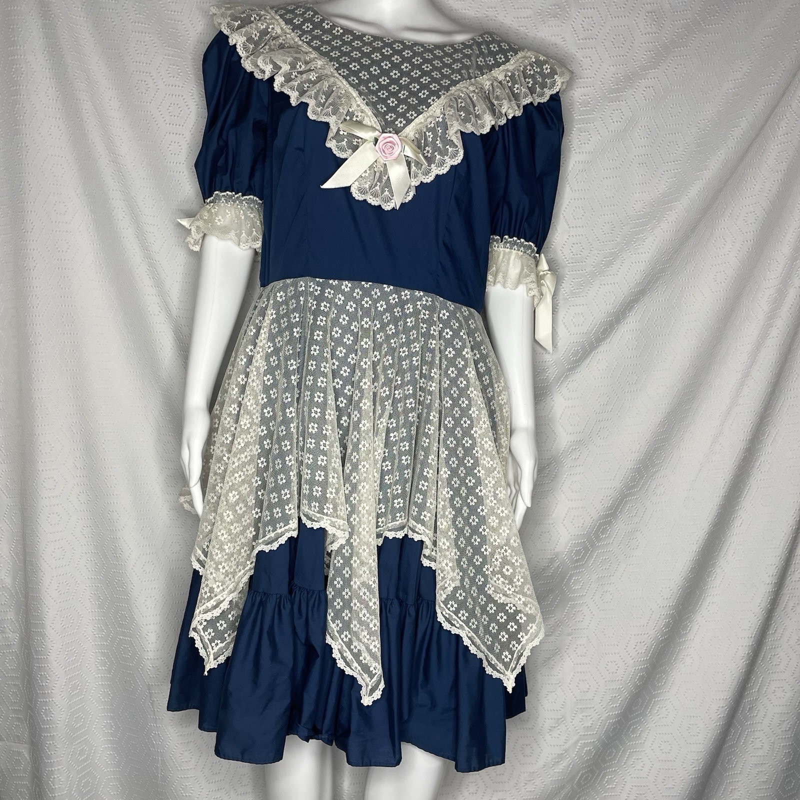 Partners Please Malco Modes Square Dance Dress 14 Blue White Lace Vtg Prairie